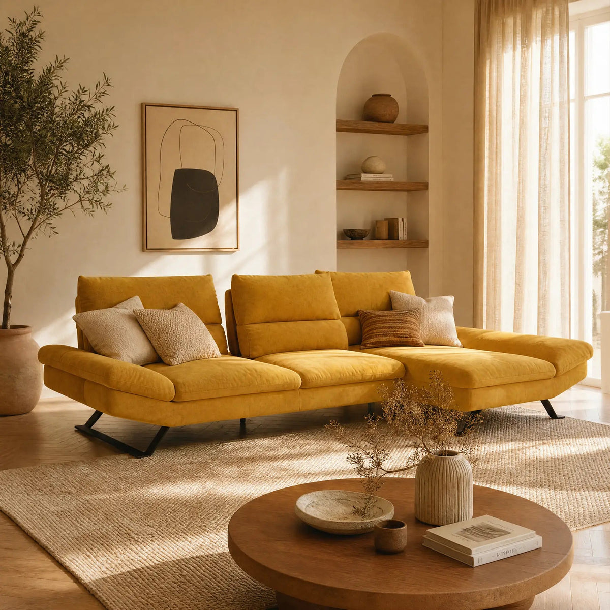 Un divano giallo senape con cuscini beige è posizionato su un tappeto di iuta. Un tavolino rotondo in legno, opere d’arte minimaliste, una pianta in vaso e mensole ad arco arredano il soggiorno inondato di luce e dai toni neutri.
