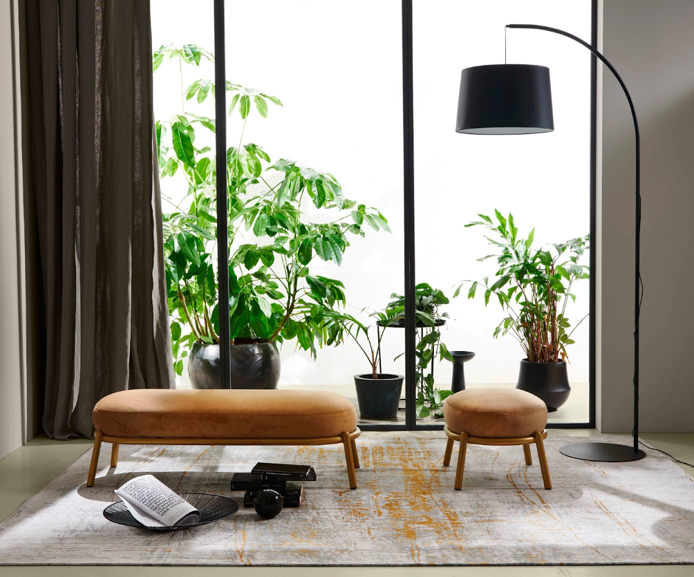 Uno spazio abitativo moderno con ampie finestre, piante verdi rigogliose in vasi neri, una panca e uno sgabello color cuoio, una lampada da terra nera, una tenda grigia, libri e una tazza su un tavolino basso sopra un tappeto a fantasia.