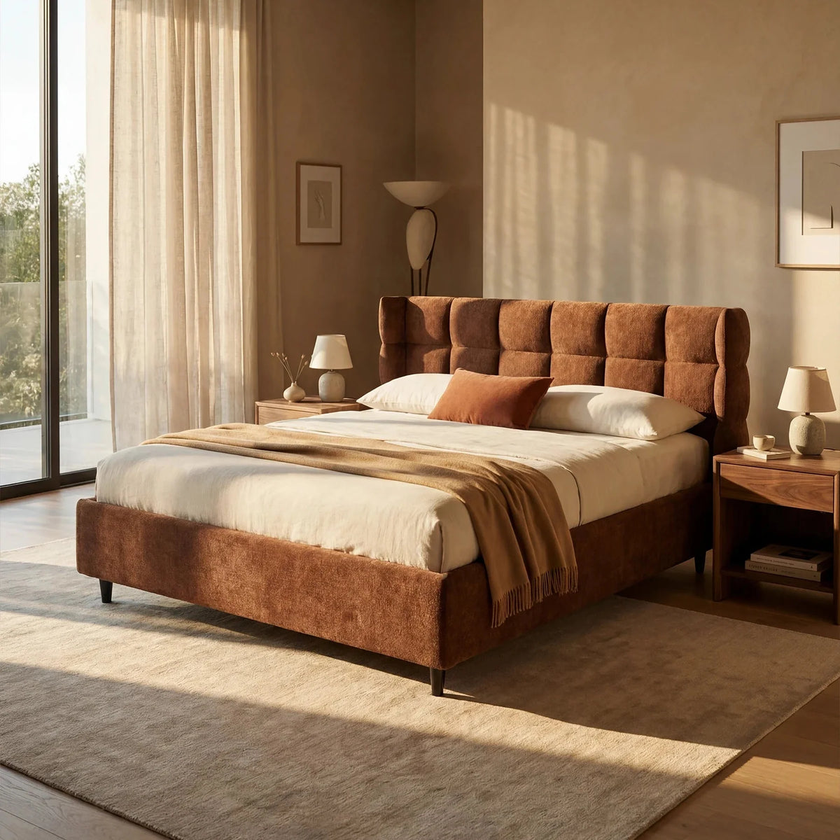 Una camera da letto inondata di luce, con un letto imbottito marrone, biancheria da letto beige, una coperta color cuoio, comodini con lampade, quadri incorniciati, una lampada da terra e tende trasparenti alle grandi finestre.