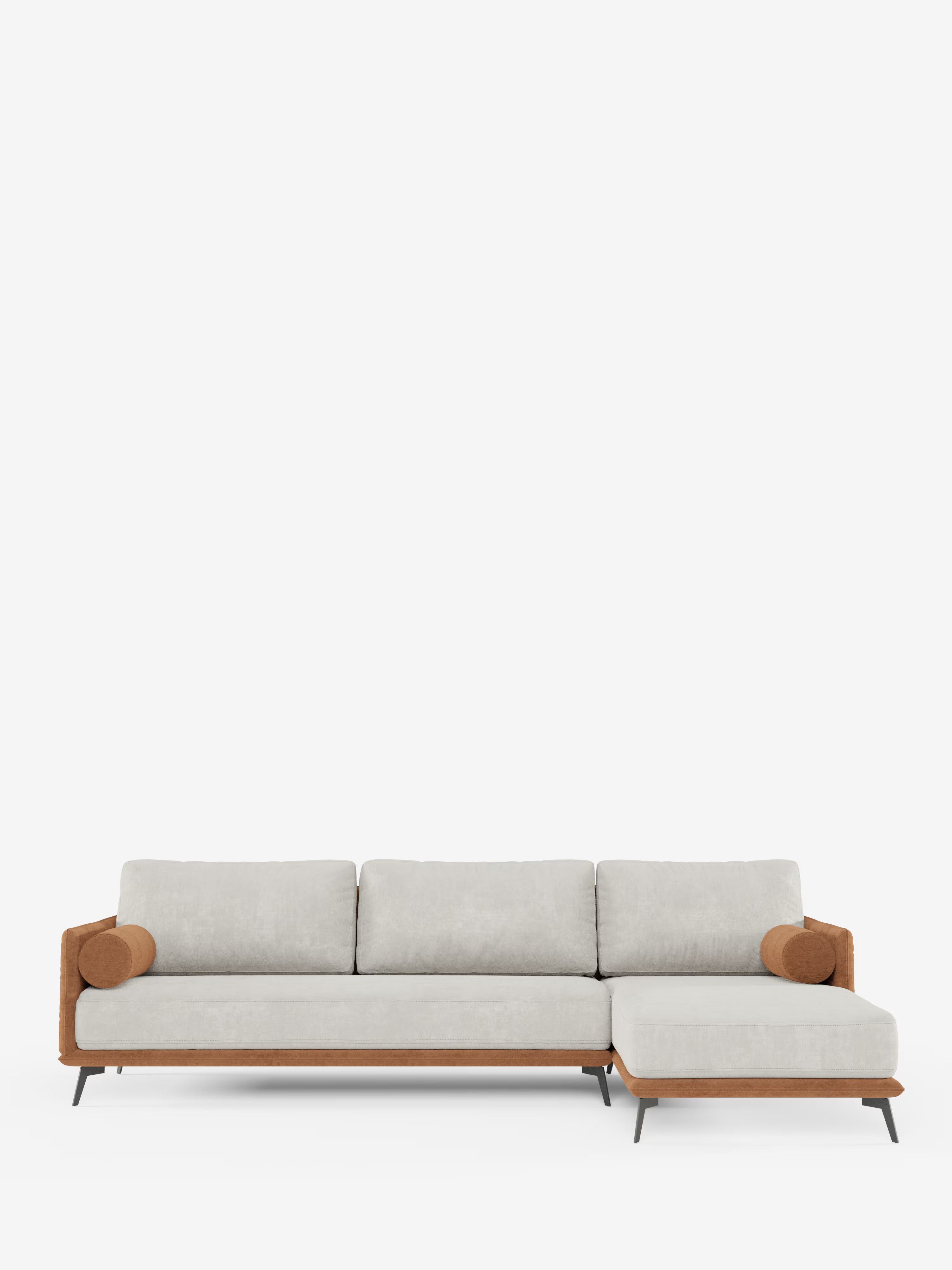 Basaltomodernes Sofa aus Zweifarbiges Ecksofa „Basalto“ mit Ausleger und Metallgestell – Rückenlehnen aus Daunen und fleckenabweisendem Stoff T31 weichem wasserfestem Stoff T03 grau