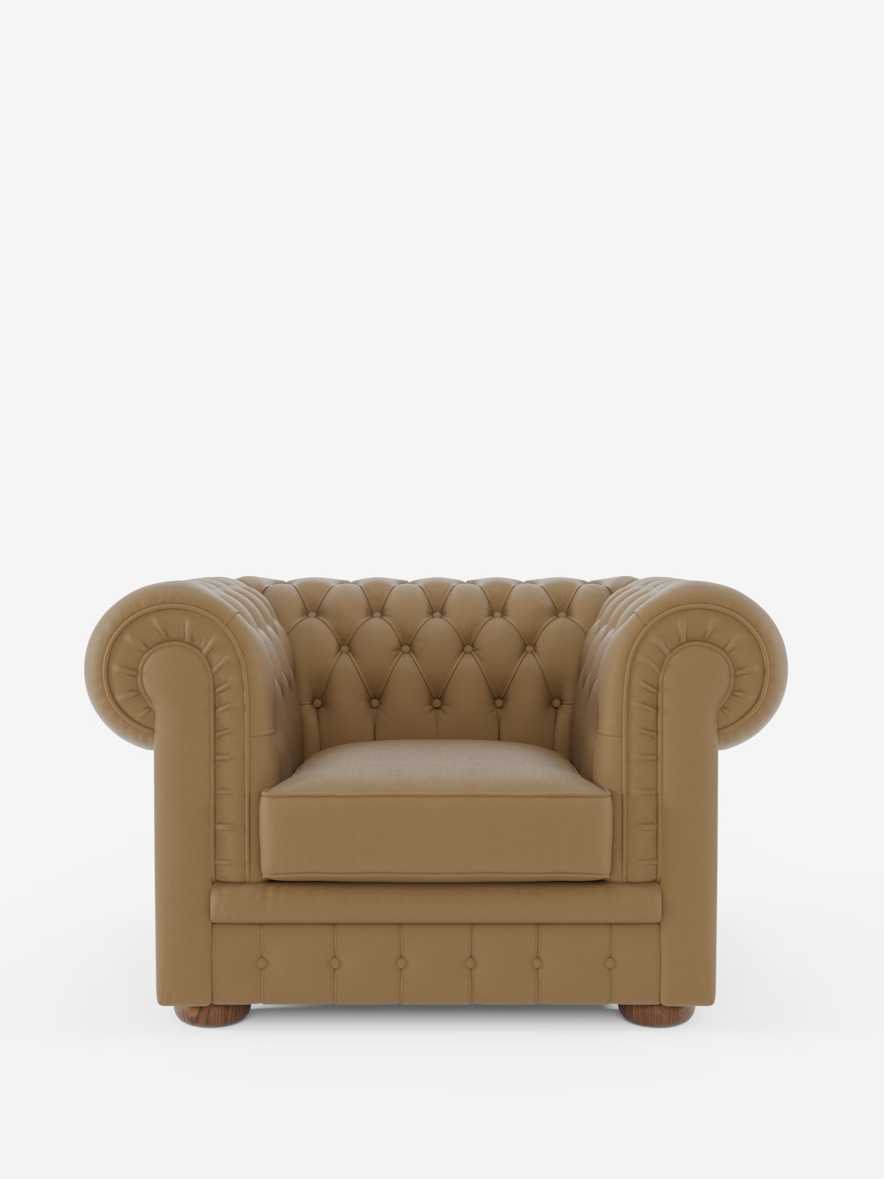 Una poltrona Chester in vera pelle spessorata con capitonné artigianale di Divani.Store, caratterizzata da rivestimento in vera pelle color cuoio, schienale e braccioli capitonné nel classico stile Chesterfield, braccioli arrotondati alla stessa altezza dello schienale e piedini in legno, immortalata su uno sfondo bianco.