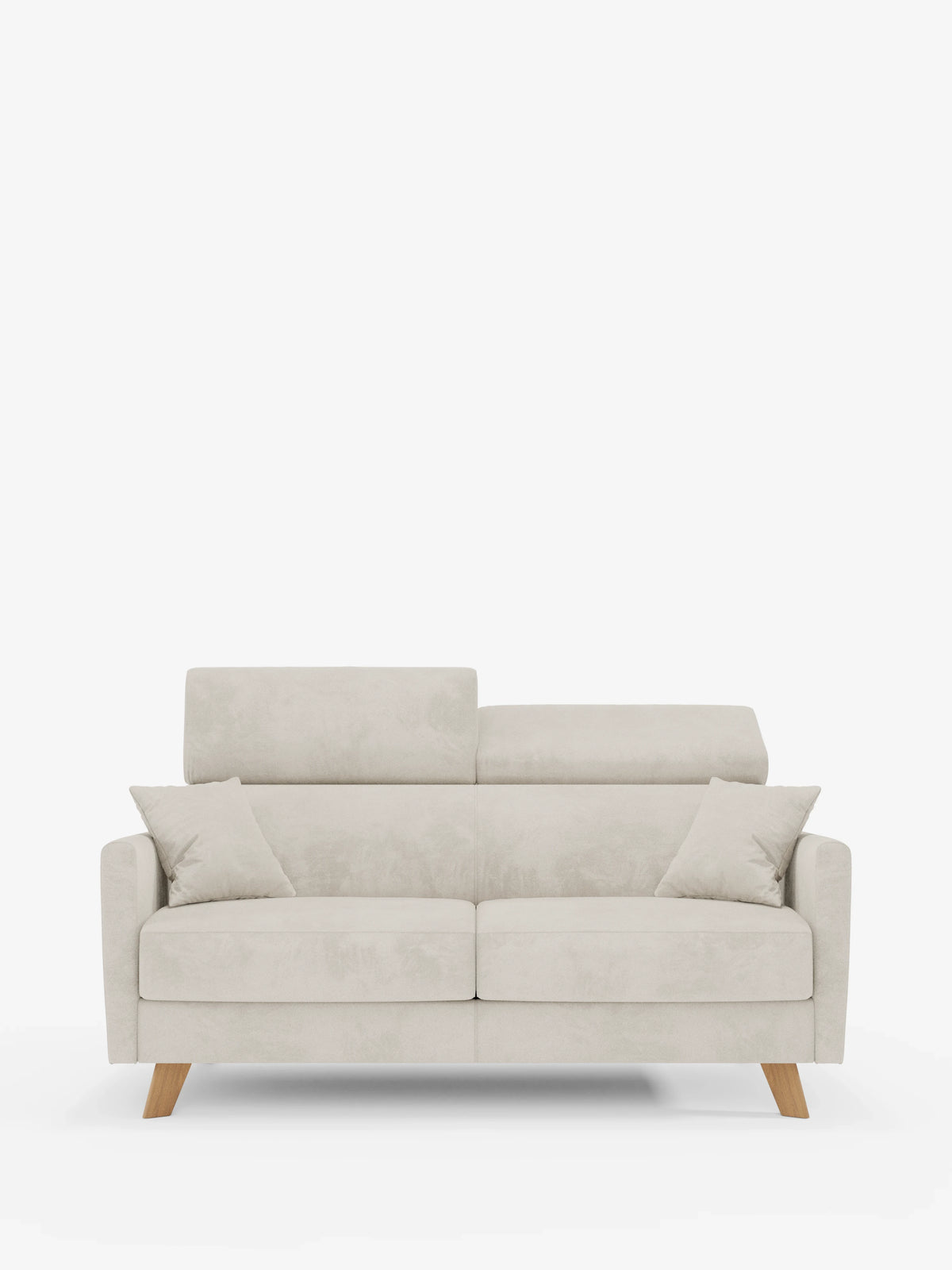 Un divano letto Francy a 2 posti di Divani.Store, in stile contemporaneo e color beige chiaro, presenta braccioli dritti, due cuscini coordinati e gambe angolate in legno. Lo schienale è dotato di due poggiatesta regolabili e il divano è completamente sfoderabile, con un elegante tessuto T30 resistente alle macchie. Il divano è raffigurato su uno sfondo bianco a tinta unita.