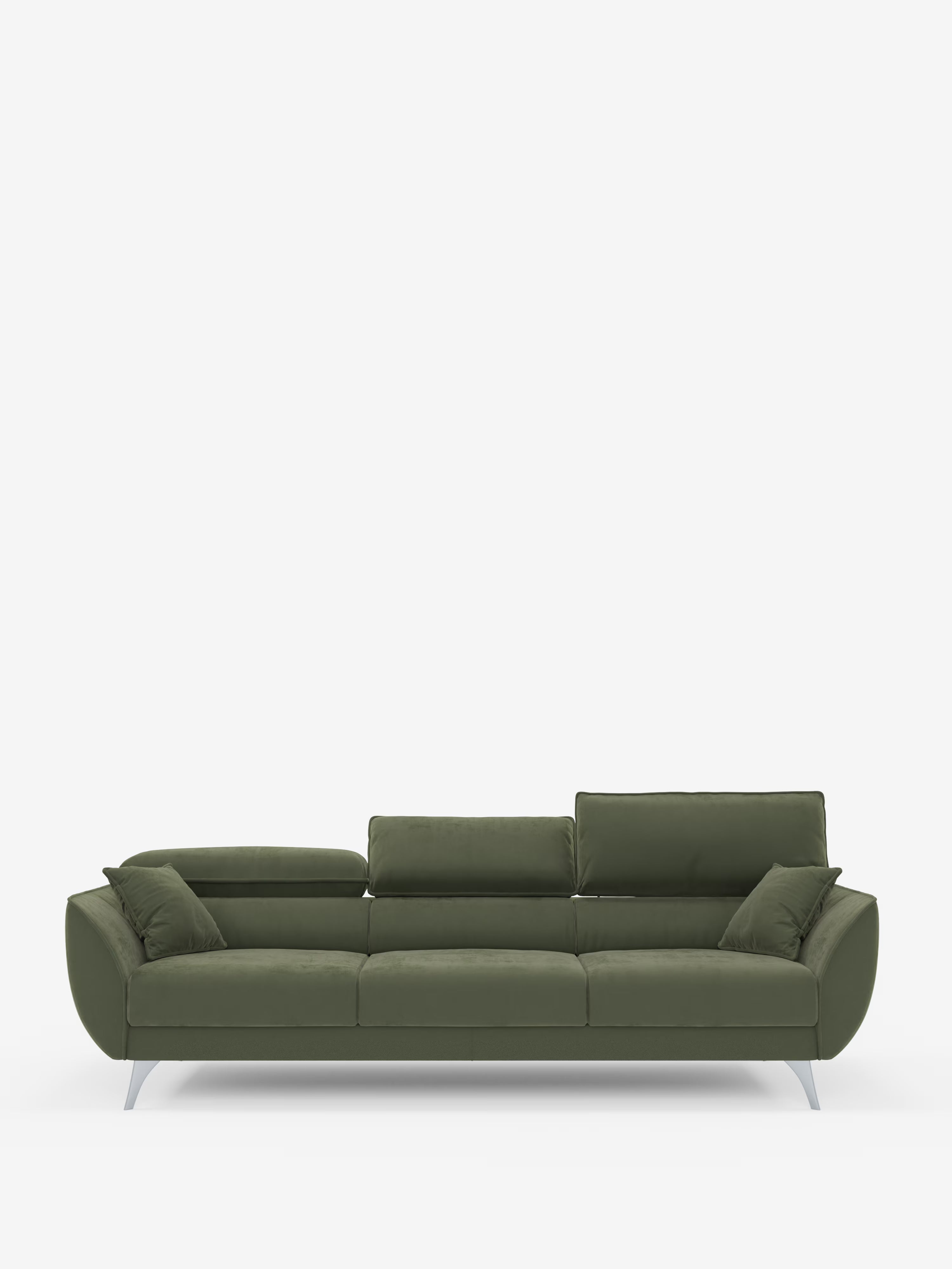 Vi presentiamo il Michelangelo 4 Posti di Divani.Store: un divano contemporaneo rivestito in elegante vellutino smacchiabile verde bosco. Questo divano moderno offre tre spaziosi cuscini di seduta con sedute estensibili, tre poggiatesta reclinabili regolabili e due ampi braccioli per il massimo comfort e versatilità. Sostenuto da quattro gambe angolate in metallo argentato, la sua silhouette slanciata risalta su uno sfondo bianco a tinta unita, creando un look straordinariamente moderno.