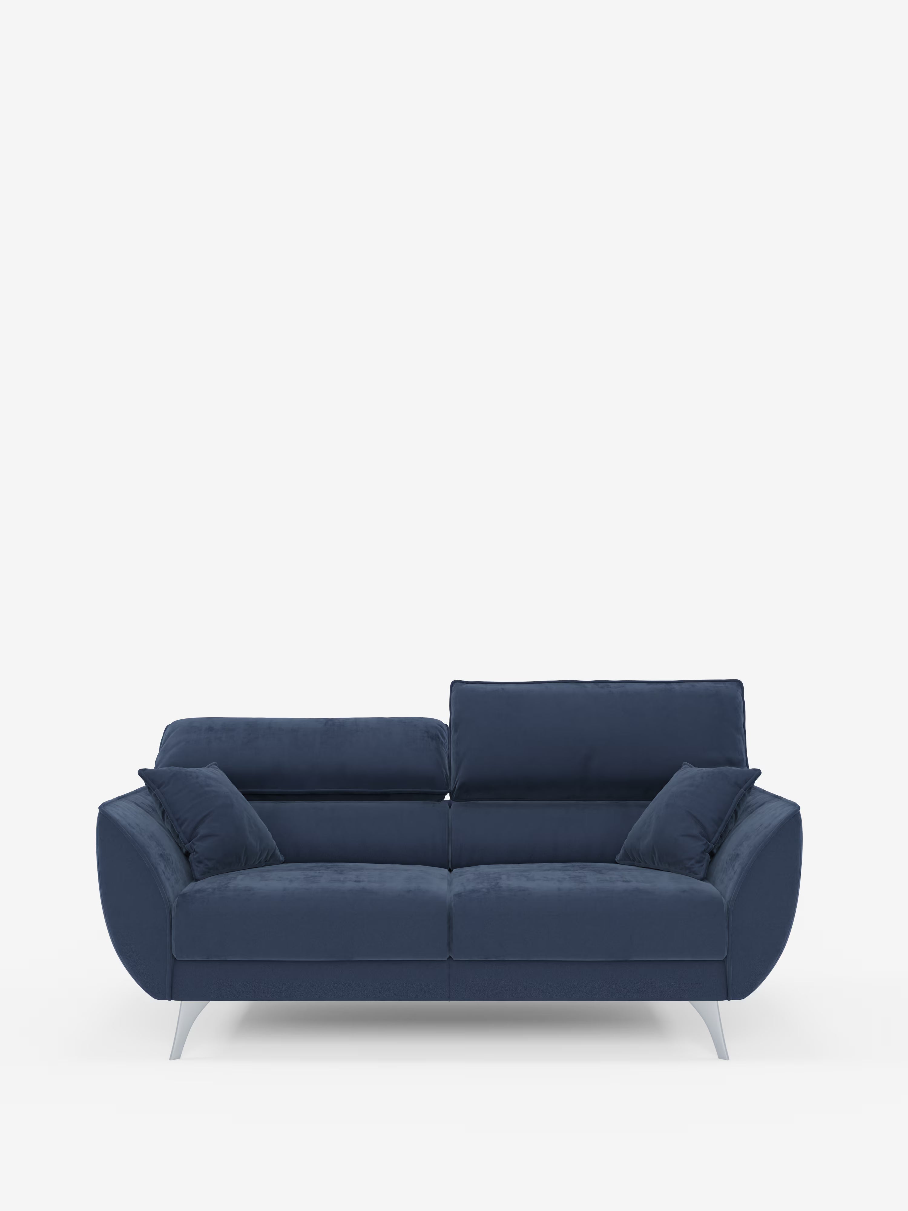 Vi presentiamo il divano Michelangelo a 2 e 3 posti con sedute allungabili e poggiatesta reclinabili in tessuto smacchiabile T30 di Divani.Store: questo divano moderno è realizzato in tessuto blu scuro facile da pulire. Poggia su eleganti gambe in metallo e presenta due ampi cuscini di seduta, due schienali e due cuscini laterali. Il design vanta linee slanciate con braccioli leggermente arrotondati, che incarnano lo stile contemporaneo. Il divano è fotografato su uno sfondo bianco minimalista.