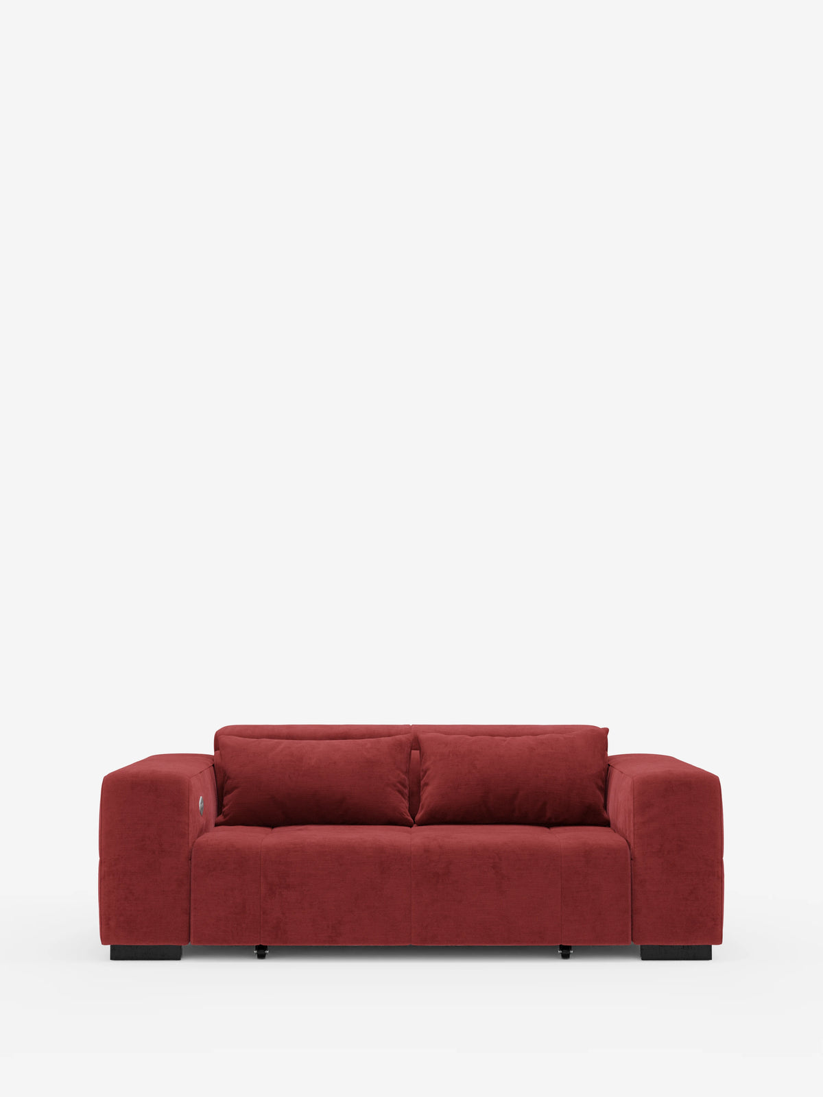 Il divano Monarch con funzione relax elettrica per l'allungamento delle sedute e poggiatesta reclinabile di Divani.Store è un moderno divanetto rosso caratterizzato da braccioli squadrati e ampi, cuscini morbidi e uno schienale basso che conferisce un elegante stile “divano” a qualsiasi ambiente. Rivestito in morbido tessuto T31 resistente alle macchie, questo divanetto si appoggia con grazia su corte gambe nere su uno sfondo bianco a tinta unita.