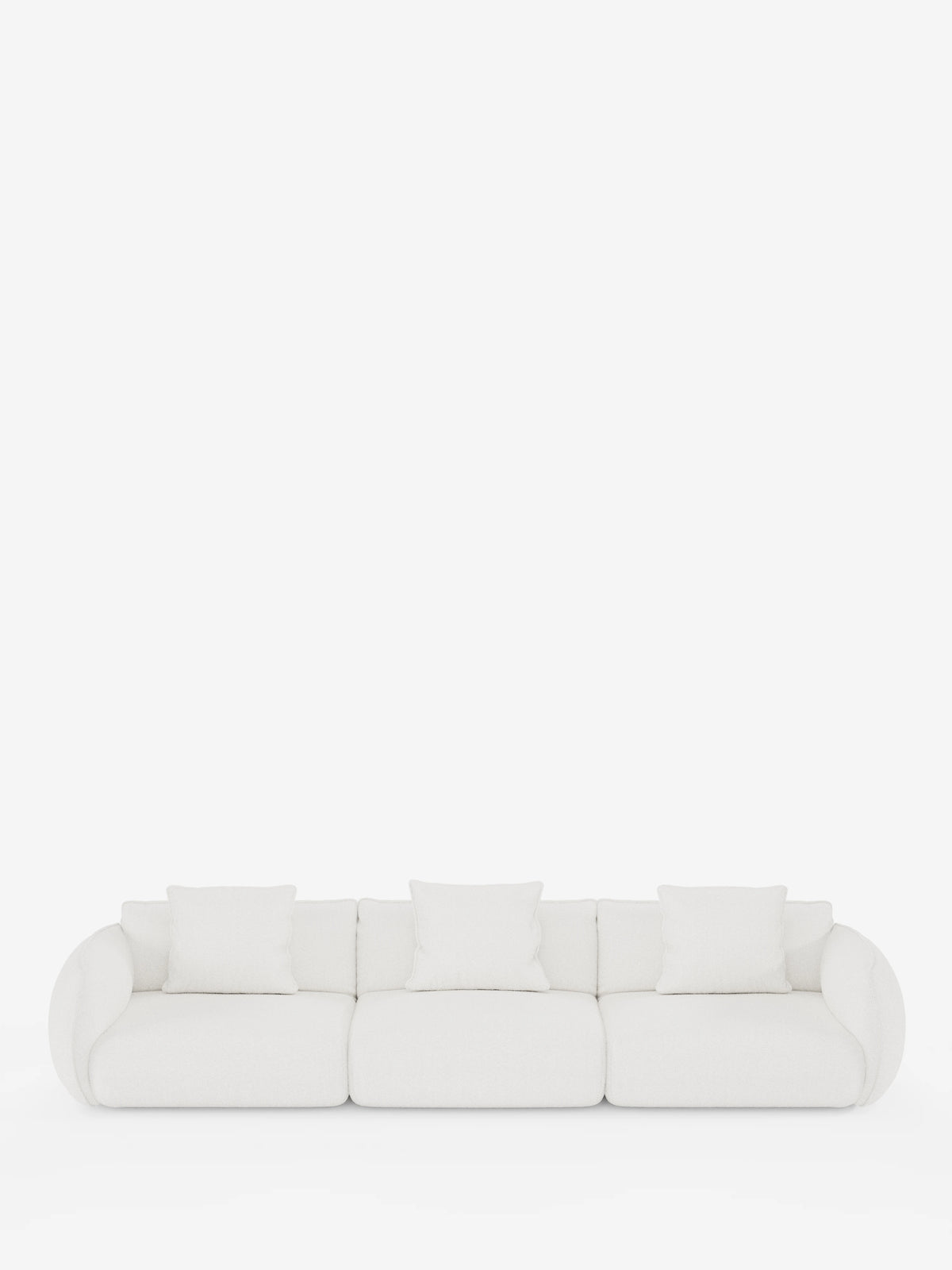 Un moderno divano modulare bianco Nimbus a 3 posti di Divani.Store, caratterizzato da braccioli arrotondati, tre sezioni di seduta e quattro cuscini quadrati bianchi in morbido tessuto T33 effetto cotone, resistente alle macchie. Su uno sfondo bianco a tinta unita, il suo design minimalista e pulito crea un’atmosfera contemporanea e ariosa.