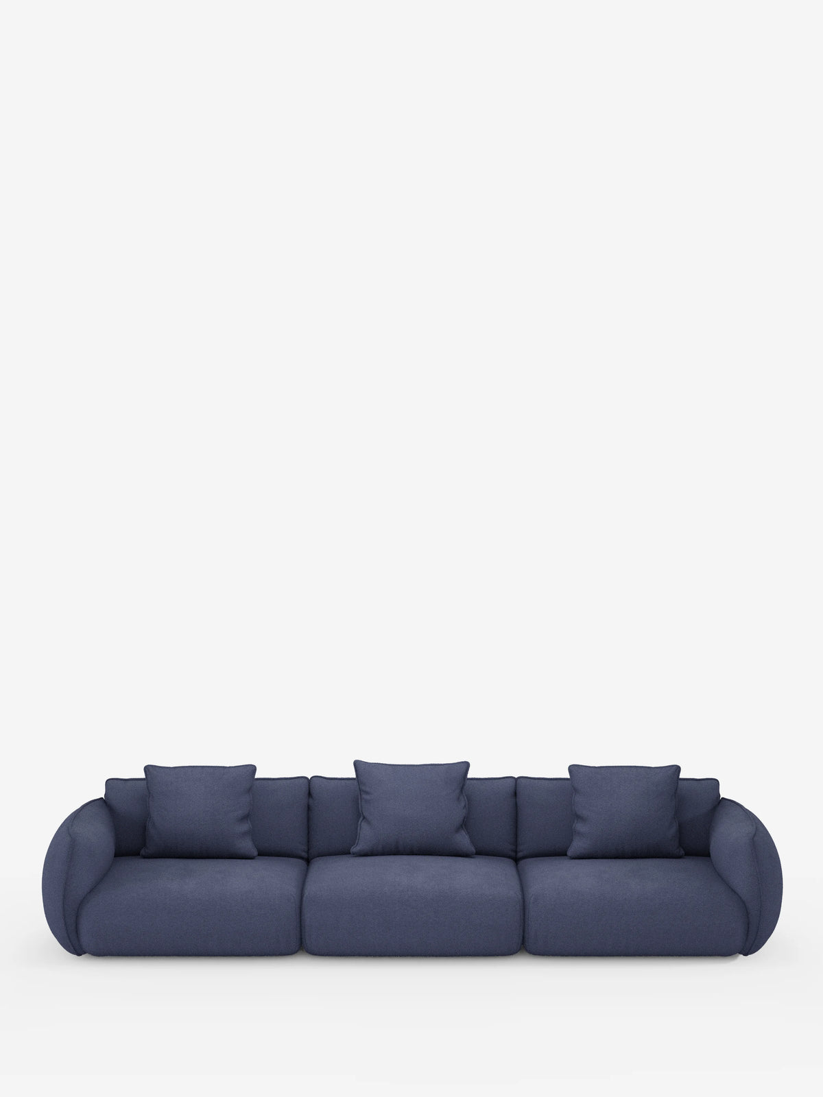 Un divano a tre posti moderno e minimalista, il divano modulare a 3 sedute Nimbus di Divani.Store, è caratterizzato da rivestimenti sfoderabili di colore blu intenso in morbido tessuto effetto cotone resistente alle macchie (T33), con braccioli arrotondati, morbidi cuscini e cinque cuscini quadrati coordinati. Perfettamente centrato su uno sfondo bianco a tinta unita, questo complemento d’arredo contemporaneo offre stile e praticità per qualsiasi ambiente.