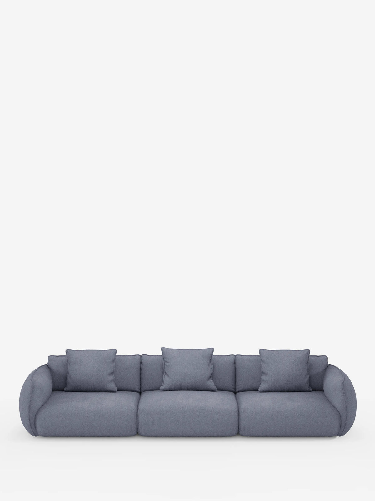 Un divano modulare contemporaneo Nimbus a 3 posti, componibile in morbido tessuto smacchiabile effetto cotone T33 di Divani.Store, caratterizzato da un design elegante in grigio con braccioli arrotondati e quattro cuscini quadrati coordinati, è posizionato al centro su uno sfondo bianco a tinta unita. Questo divano modulare vanta sedute morbide e un rivestimento in tessuto liscio e di facile manutenzione, per un look minimalista ma accogliente.
