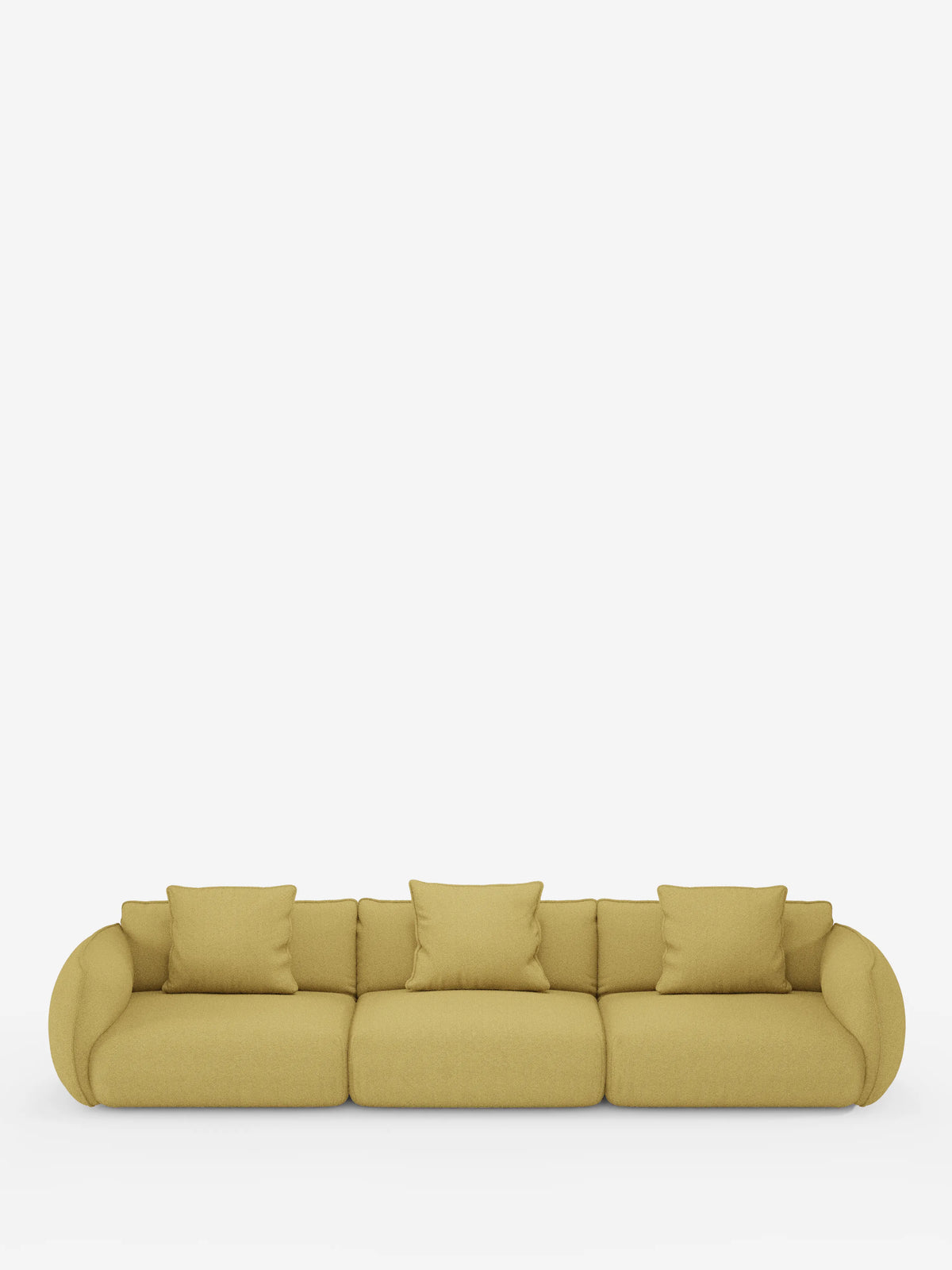 Un divano modulare contemporaneo Nimbus a 3 posti di Divani.Store, rivestito in morbido tessuto effetto cotone T33, resistente alle macchie, di colore giallo. Il divano presenta tre ampie sedute, quattro cuscini quadrati coordinati, braccioli arrotondati e uno schienale basso, il tutto su uno sfondo bianco a tinta unita.