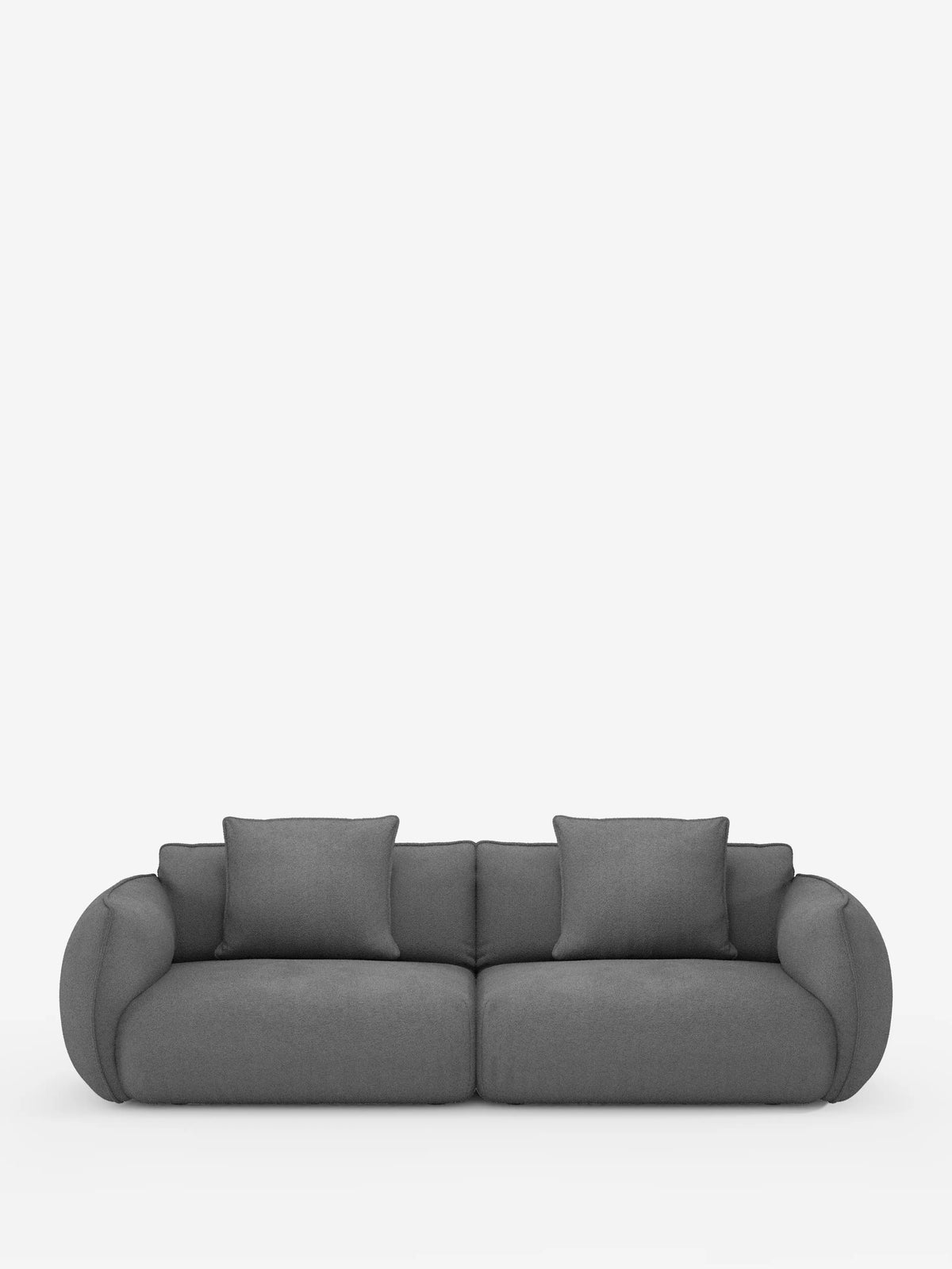 Un divano Nimbus contemporaneo a 3 posti, modulare e componibile, firmato Divani.Store, rivestito in tessuto effetto cotone grigio scuro resistente alle macchie (t33), dotato di due cuscini di seduta, due cuscini dello schienale e braccioli arrotondati. Il divano è fotografato su uno sfondo bianco a tinta unita per mettere in risalto il suo design minimalista e la trama morbida e soffice.