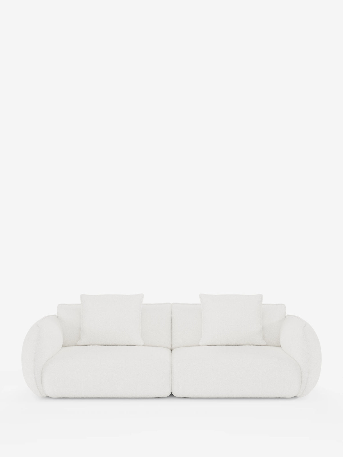 Un divano a 3 posti modulare e componibile Nimbus da 250 cm, dal design moderno e minimalista, firmato Divani.Store, è messo in risalto su uno sfondo bianco a tinta unita. Il divano, rivestito in tessuto sfoderabile effetto cotone resistente alle macchie (t33), presenta braccioli arrotondati e due cuscini di seduta. Su ogni seduta poggiano due grandi cuscini quadrati, che conferiscono al divano un aspetto accogliente e invitante.