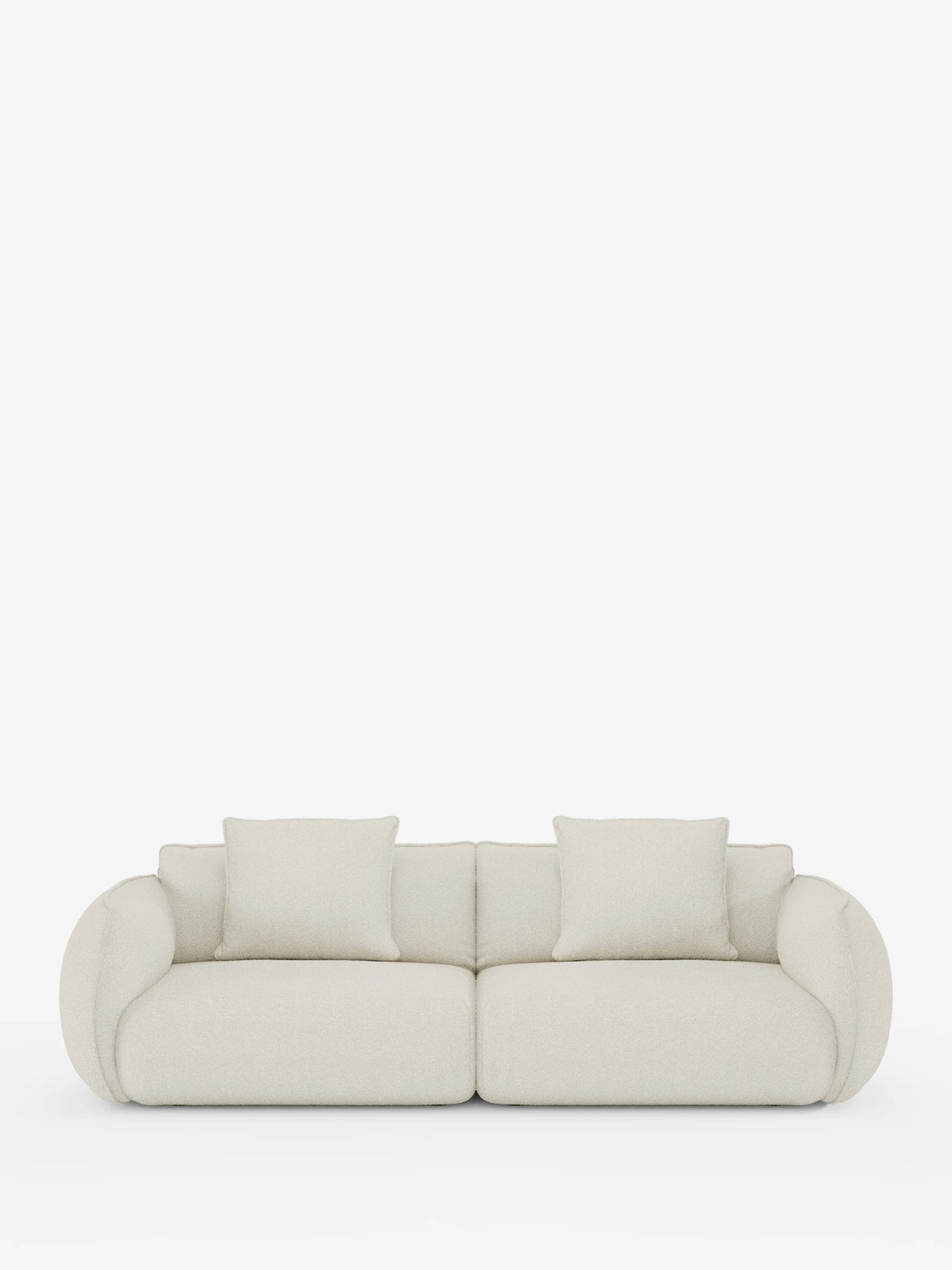 Vi presentiamo il divano Nimbus, un modello modulare e componibile a 3 posti di Divani.Store: un divano moderno e minimalista in beige chiaro, con braccioli arrotondati e due cuscini di seduta. Questo divano modulare da 250 cm è rivestito in tessuto effetto cotone (T33) sfoderabile e resistente alle macchie, include due cuscini quadrati coordinati per lo schienale ed è presentato su uno sfondo bianco a tinta unita per un’estetica pulita e contemporanea.