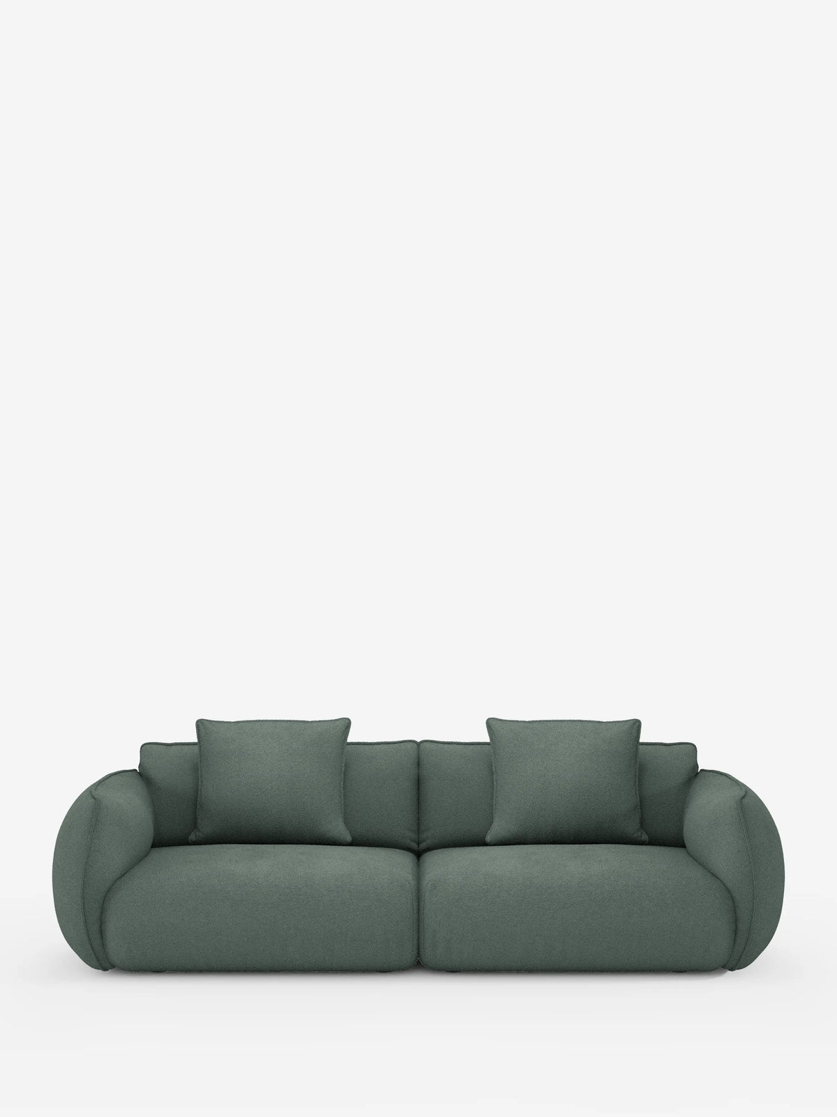 Un moderno divano modulare e componibile a 3 posti Nimbus, colore verde scuro, da 250 cm di Divani.Store, caratterizzato da braccioli e schienale morbidi e arrotondati. Questo divano minimalista e confortevole presenta due ampi cuscini di seduta e quattro cuscini dello schienale di forma quadrata, rivestiti in tessuto effetto cotone (t33) sfoderabile e resistente alle macchie, su uno sfondo bianco a tinta unita.