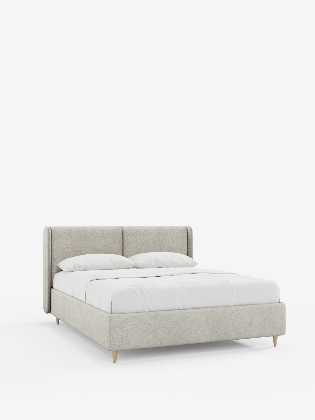 Un letto contemporaneo dal profilo discreto — il letto imbottito bicolore con contenitore VALKIRIA di Letti.store — presenta un’accogliente struttura imbottita di colore grigio chiaro, con una testiera imbottita curva che avvolge il letto e gambe angolate in legno. Il letto è rifatto con cura con lenzuola bianche, un piumone bianco immacolato e due cuscini. Su uno sfondo bianco semplice, il design minimalista del letto VALKIRIA risalta con eleganza.