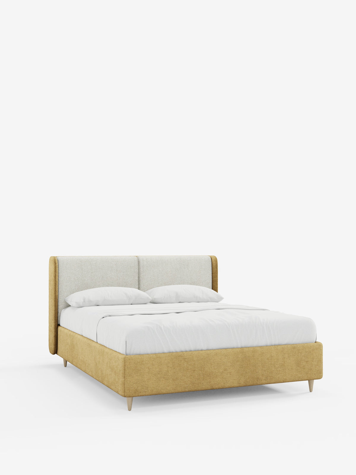 Un moderno letto imbottito bicolore VALKIRIA con contenitore di Letti.store, caratterizzato da una struttura imbottita color giallo senape, gambe basse in legno e una testiera imbottita in tessuto beige chiaro con cuscini curvi e avvolgenti. Il letto è rifatto con cura con lenzuola bianche, due cuscini e una coperta. Il suo design elegante è esaltato dallo sfondo bianco a tinta unita.