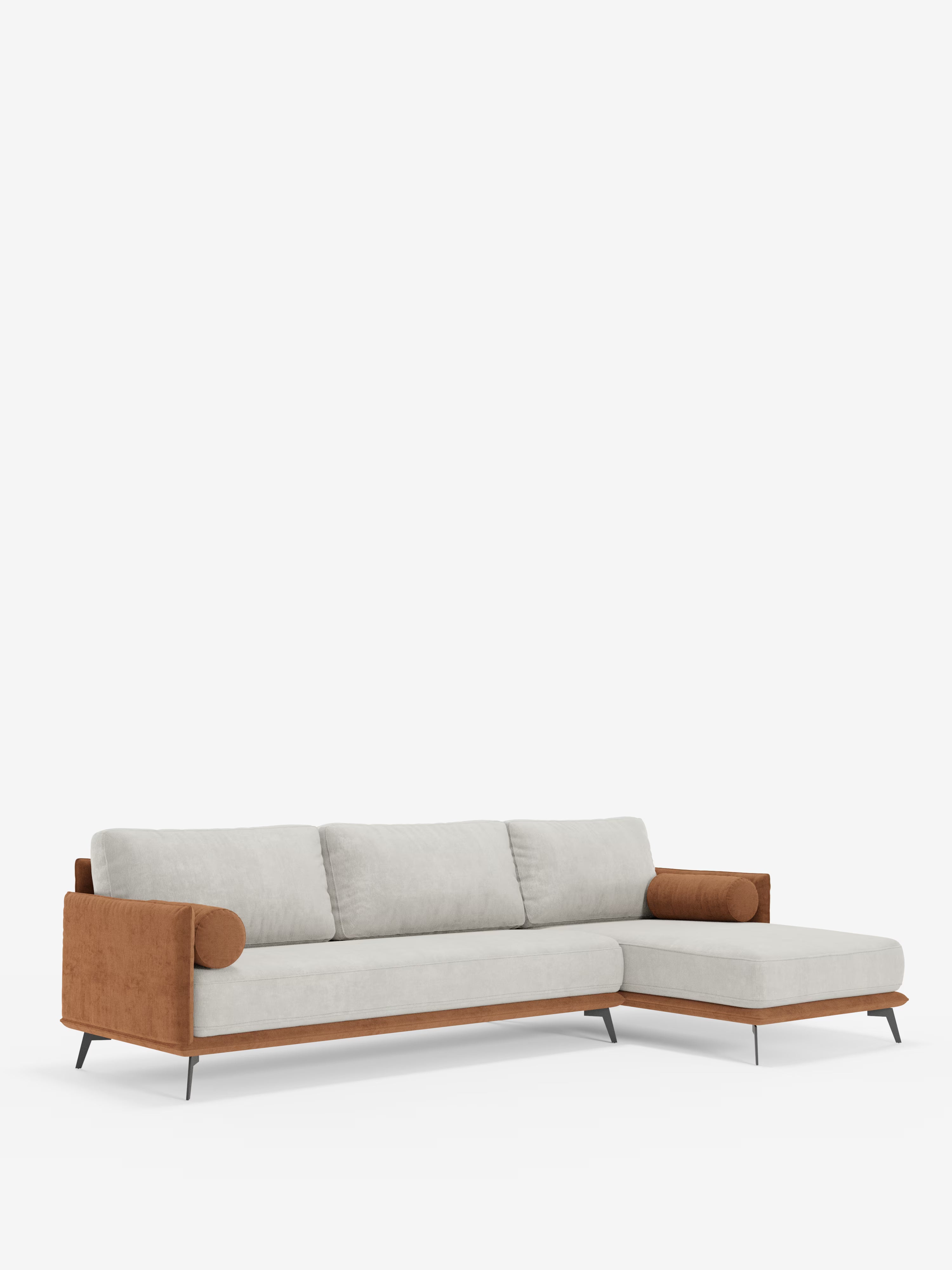 Basaltomodernes Sofa aus Zweifarbiges Ecksofa „Basalto“ mit Ausleger und Metallgestell – Rückenlehnen aus Daunen und fleckenabweisendem Stoff T31 weichem wasserfestem Stoff T03 grau