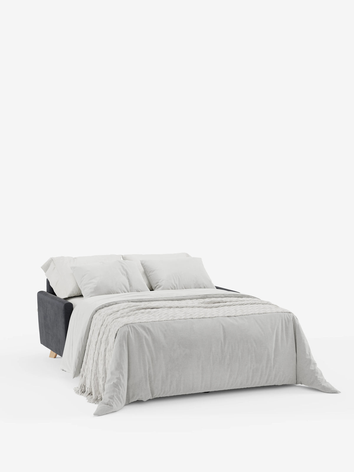 Il divano letto Francy con poggiatesta regolabili di Divani.Store è presentato completamente aperto come letto, rivestito con lenzuola bianche, una coperta bianca e due cuscini bianchi. Realizzato in elegante tessuto T30 grigio, 100% sfoderabile e antimacchia, il divano risalta su uno sfondo bianco a tinta unita, senza oggetti o decorazioni aggiuntivi che possano distogliere l'attenzione dal suo design.