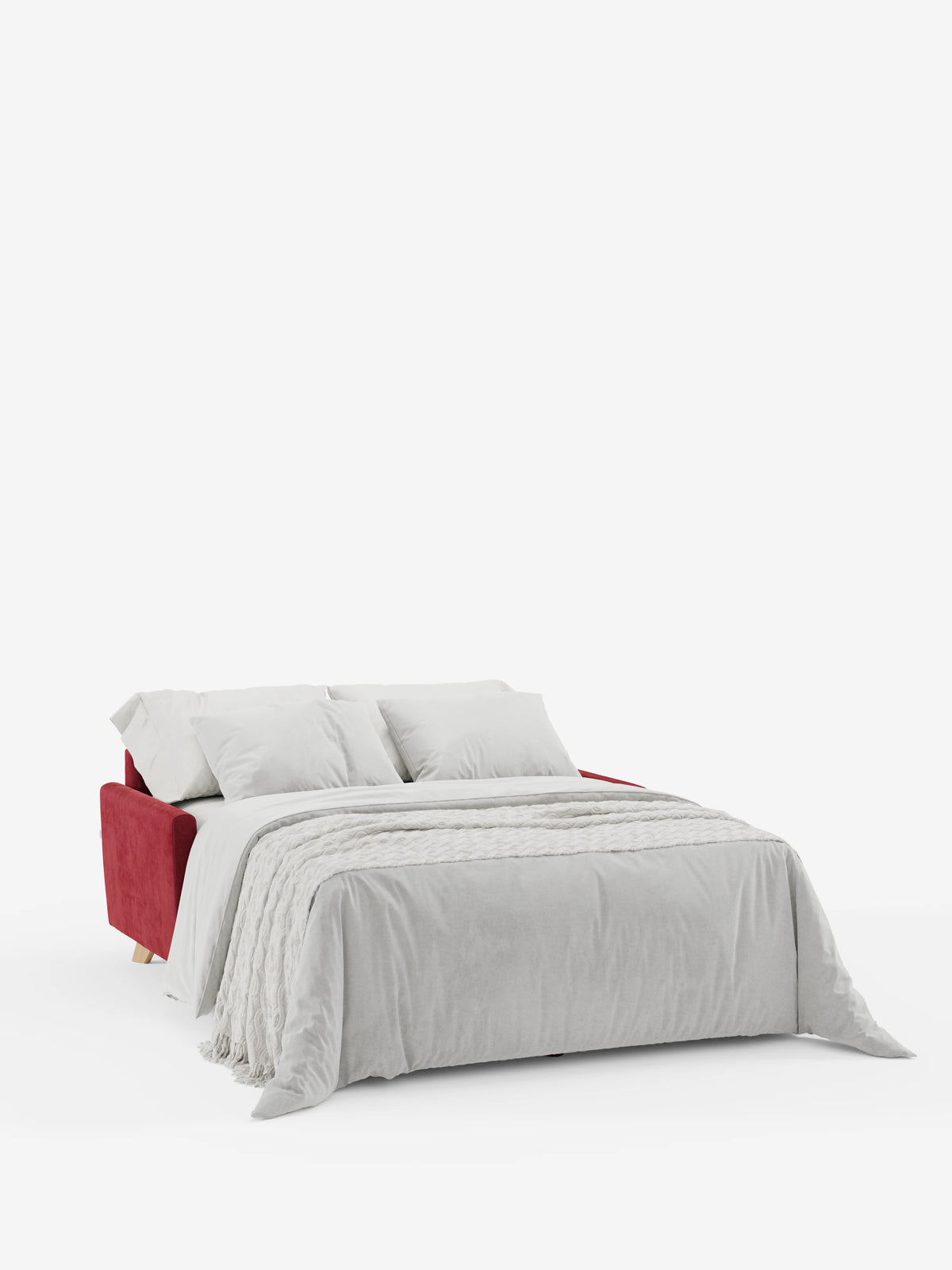 Il divano letto Francy con poggiatesta regolabili di Divani.Store, rivestito con un elegante tessuto T30 resistente alle macchie e dotato di fodere completamente sfoderabili, è raffigurato nella versione da letto. È abbellito da biancheria da letto di un bianco brillante, due cuscini bianchi e una coperta grigio chiaro con trama in rilievo, disposta con cura sul letto. Sullo sfondo bianco a tinta unita, le linee pulite e il design moderno del letto risaltano in modo particolare.