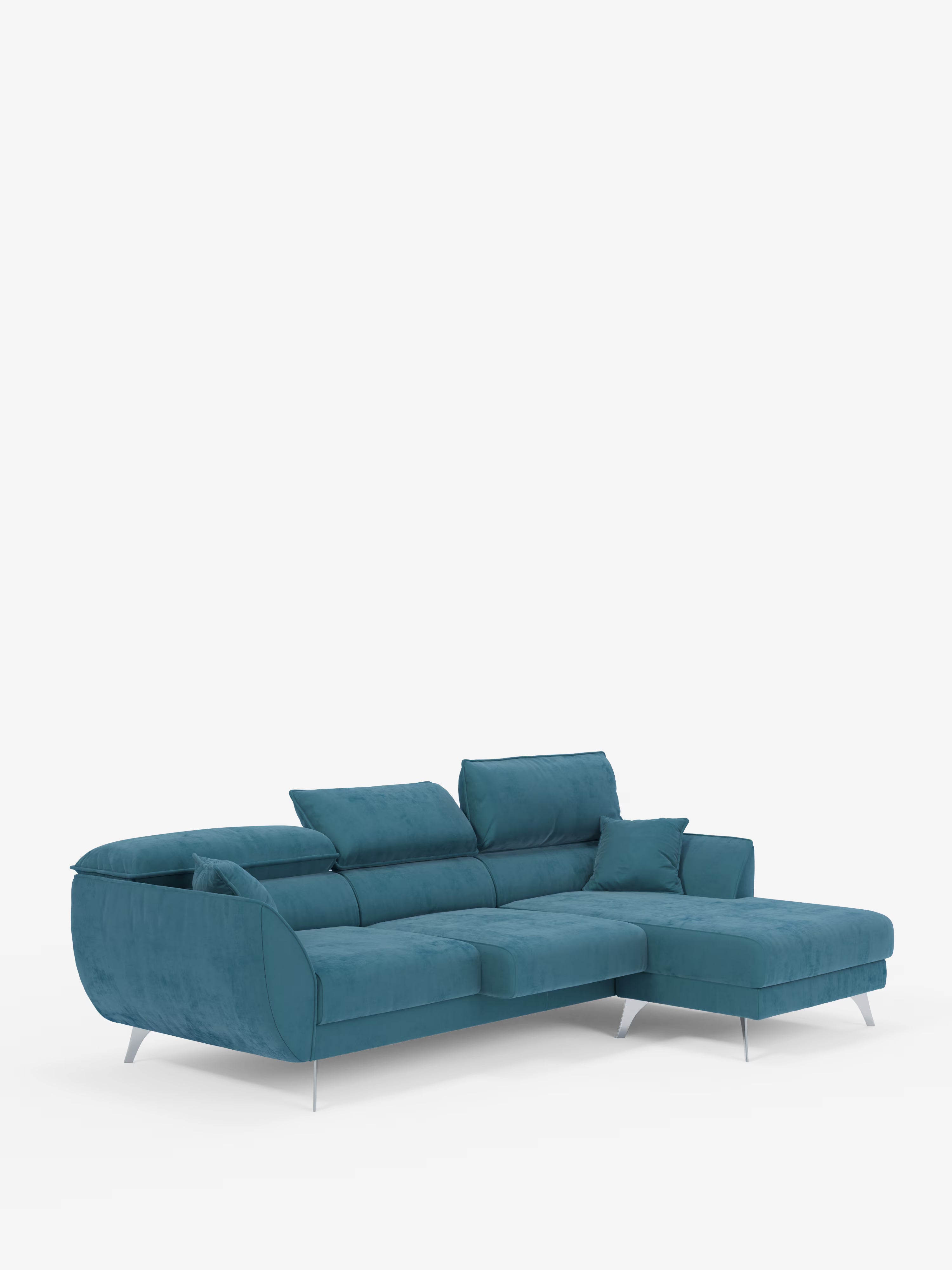 Il divano angolare con penisola e sedute estensibili Michelangelo di Divani.Store è un moderno divano ad angolo color verde acqua con chaise longue sul lato destro, dotato di poggiatesta regolabili, gambe angolari in metallo, morbidi cuscini e sedute estensibili, rivestito con un elegante tessuto T30 effetto velluto antimacchia, che risalta su uno sfondo bianco a tinta unita.