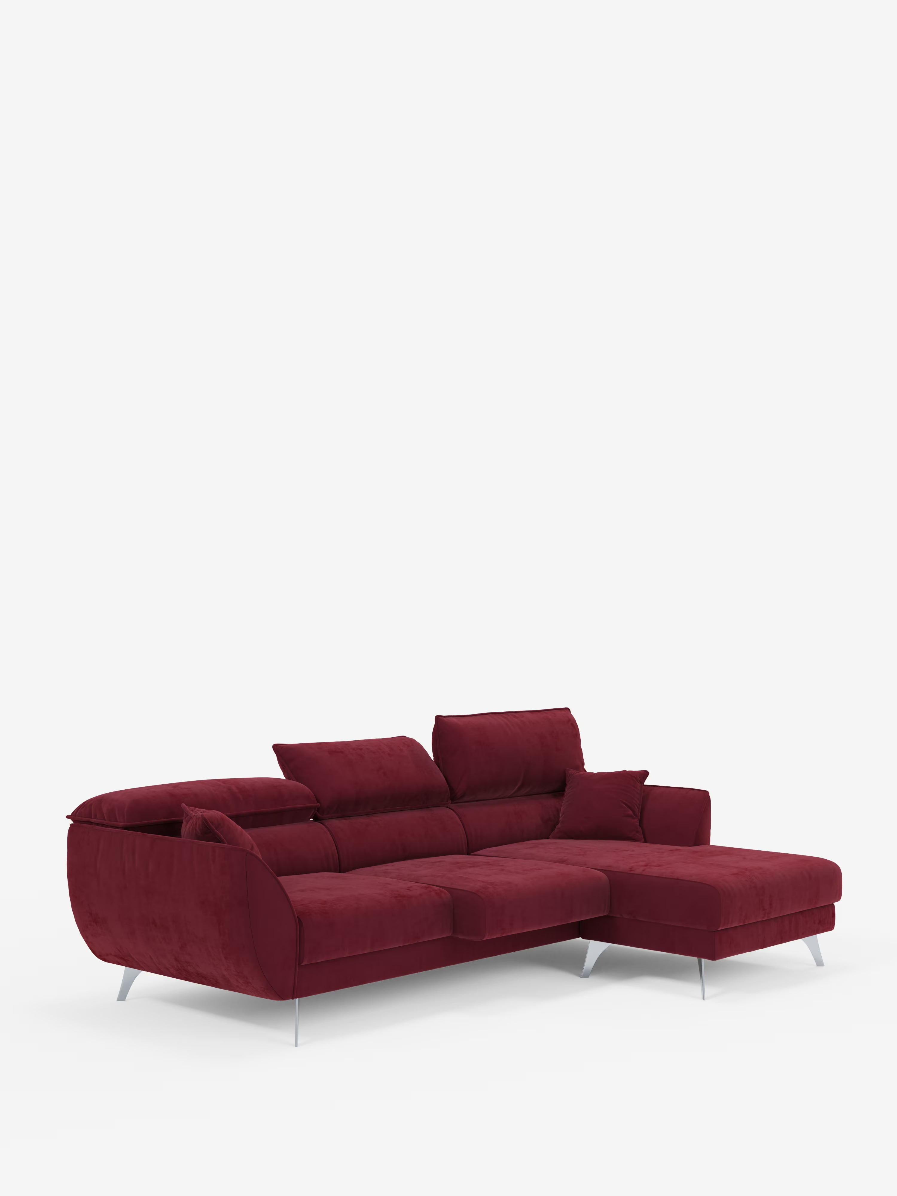 Il divano angolare con penisola e sedute estensibili “Michelangelo” di Divani.Store — dotato di poggiatesta reclinabili e rivestito in elegante tessuto T30 effetto velluto resistente alle macchie — si presenta in una tonalità di rosso intenso, eleganti gambe argentate, poggiatesta regolabili e una chaise longue sul lato destro con sedute estensibili per un comfort su misura, il tutto su uno sfondo bianco a tinta unita.