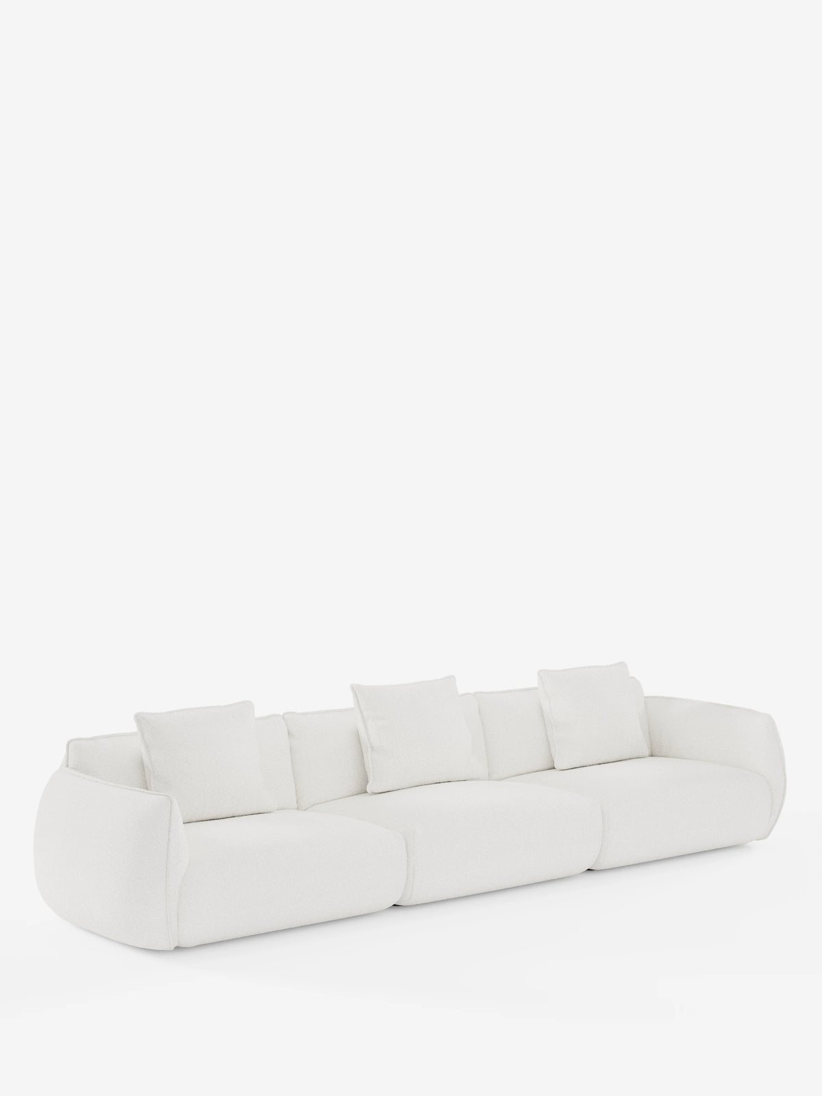 Un divano modulare Nimbus moderno e minimalista a 3 posti, realizzato da Divani.Store con il tessuto T33, morbido ed antimacchia dall’effetto cotone. Questo divano modulare bianco è composto da tre moduli di seduta dai bordi arrotondati e include quattro cuscini quadrati coordinati. Si stacca su uno sfondo bianco a tinta unita, creando un’estetica pulita e contemporanea.