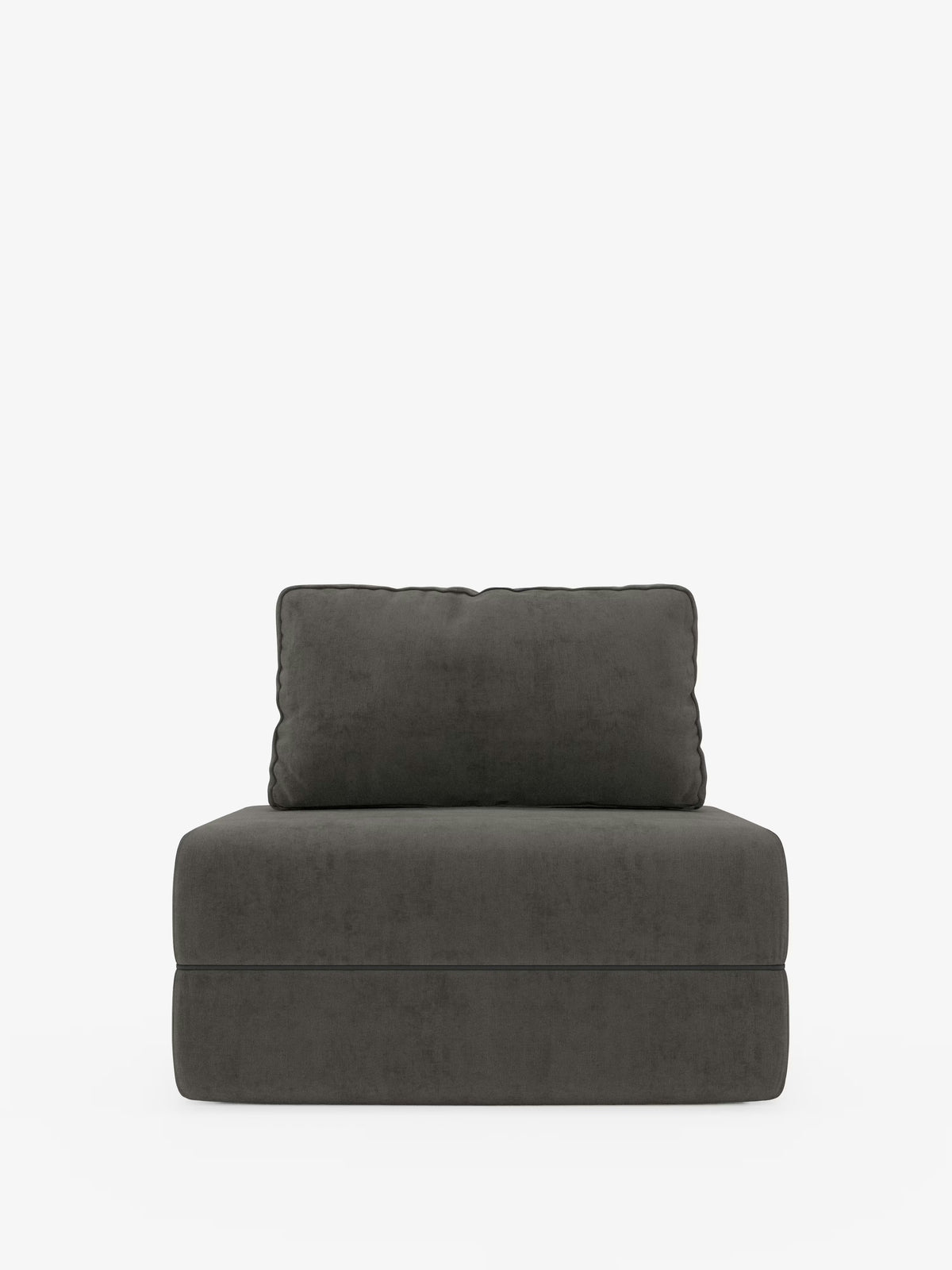 Vista frontale della poltrona letto Divani.Store Rift con materasso alto 24 cm in memory foam, caratterizzata da una linea moderna senza braccioli, rivestita in tessuto T31 grigio scuro resistente alle macchie. La poltrona è dotata di un cuscino di seduta spesso e di un cuscino dello schienale abbinato con schienale mobile, il tutto su uno sfondo bianco a tinta unita. Il design minimalista e raffinato esalta il comfort e lo stile contemporaneo di questo divano letto.