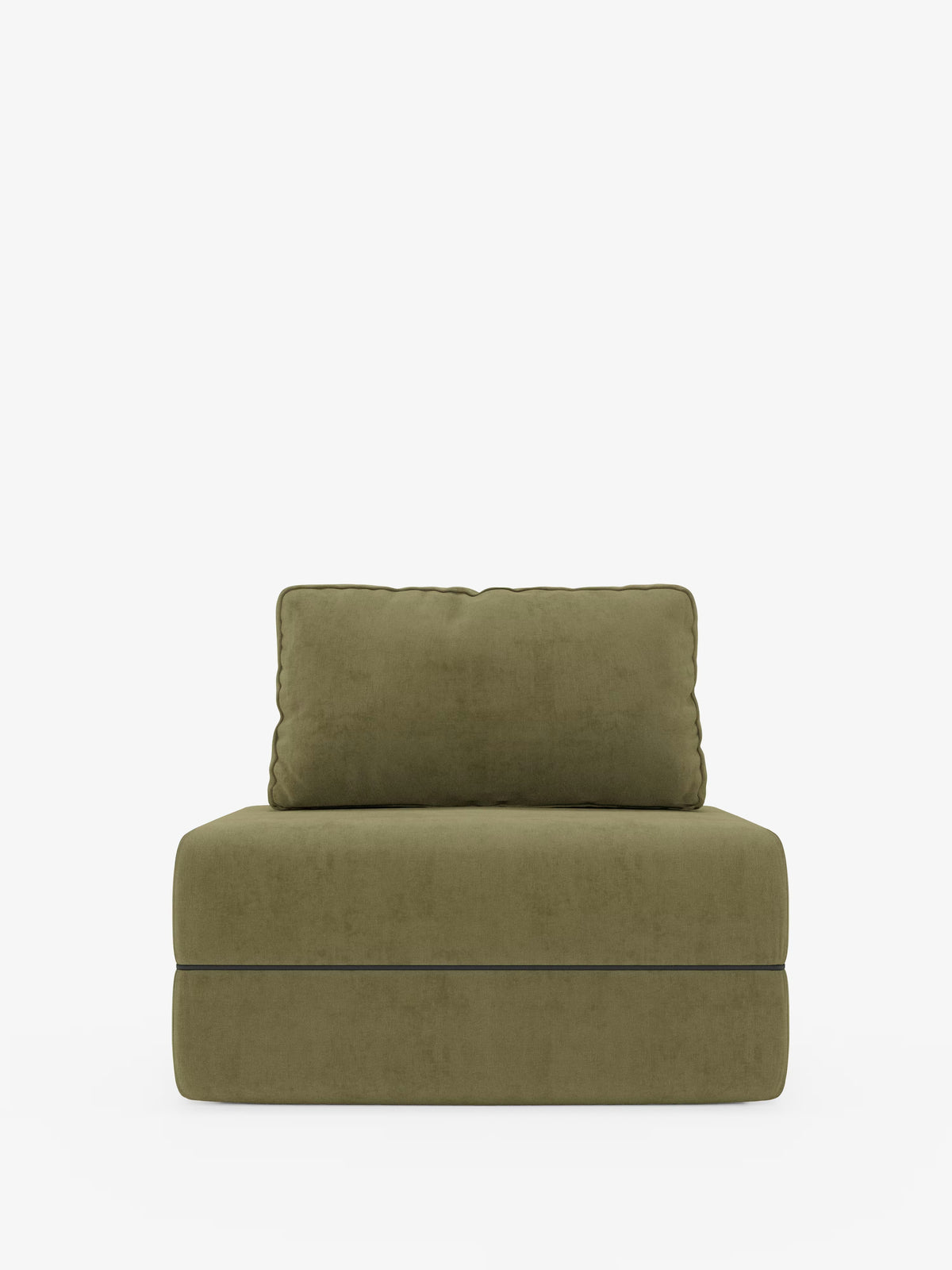 Una poltrona letto Rift in verde oliva dal design contemporaneo di Divani.Store, dotata di un materasso in memory foam alto 24 cm, una seduta imbottita e un ampio e morbido cuscino schienale rimovibile in tessuto T31 facile da pulire, è raffigurata senza braccioli su uno sfondo bianco a tinta unita.