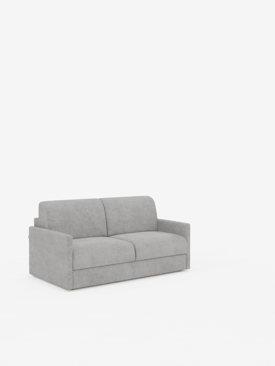 Vi presentiamo il divano letto Tommy Divano a 2 e 3 posti matrimoniale di Divani.Store: un divano letto elegante e contemporaneo, rivestito in un moderno tessuto misto cotone grigio chiaro antimacchia (tessuto simil cotone smacchiabile T33). Caratterizzato da due cuscini di seduta e due cuscini dello schienale appoggiati su braccioli sottili e dritti, questo modello con rivestimento completamente sfoderabile trasuda uno stile minimalista. Immagine raffigurata su sfondo bianco senza altri oggetti visibili.