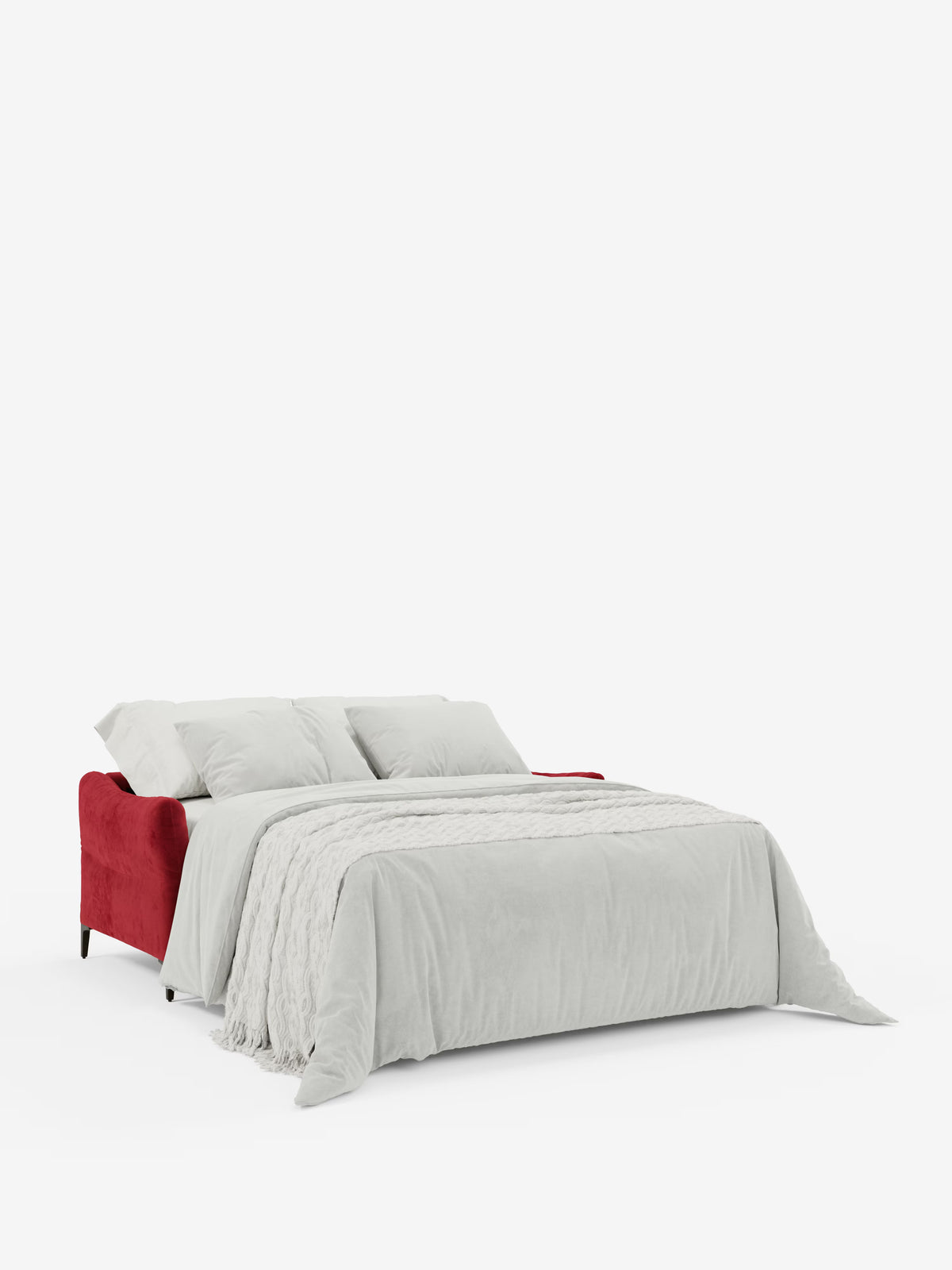 Il divano letto Dalia a 2, 3 e 4 posti con materasso H18, realizzato in moderno tessuto vellutato antimacchia T30 di Divani.Store, è qui presentato con rivestimento rosso, quattro cuscini grigio chiaro e una coperta abbinata dello stesso colore, il tutto disposto con cura. I braccioli e lo schienale del divano sono rivestiti in un vivace tessuto rosso, mentre il letto, una volta aperto, presenta una biancheria da letto coordinata sopra il materasso, che risalta su un semplice sfondo bianco. Questo