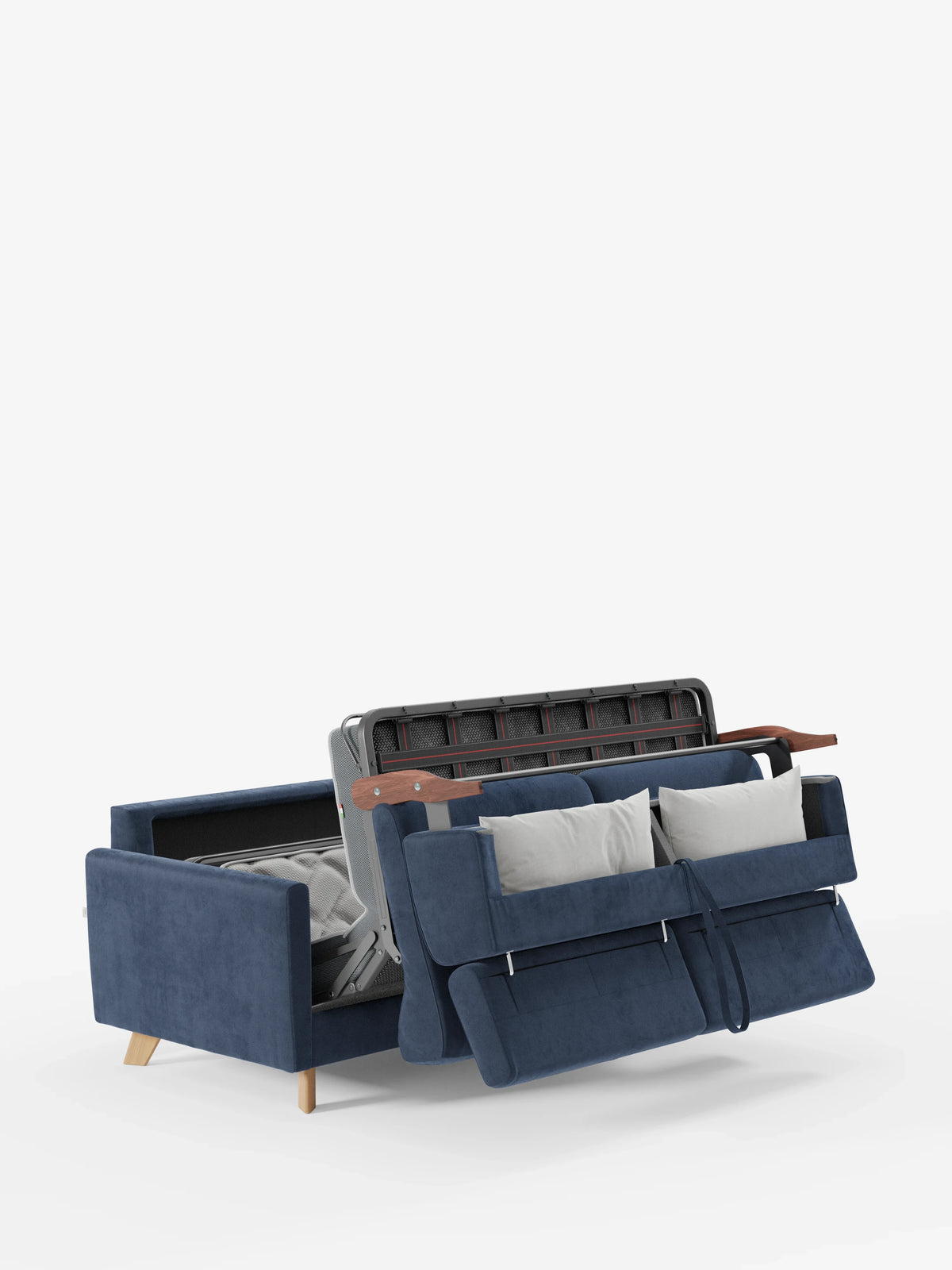 Un divano letto Francy blu con poggiatesta regolabili di Divani.Store, rivestito con l’elegante tessuto T30 antimacchia e completamente sfoderabile, è parzialmente aperto per rivelare la struttura letto estraibile con gambe in legno chiaro. Due cuscini chiari poggiano sulla seduta, mentre lo schienale e la seduta sono separati per mettere in risalto il meccanismo del letto su uno sfondo bianco a tinta unita.