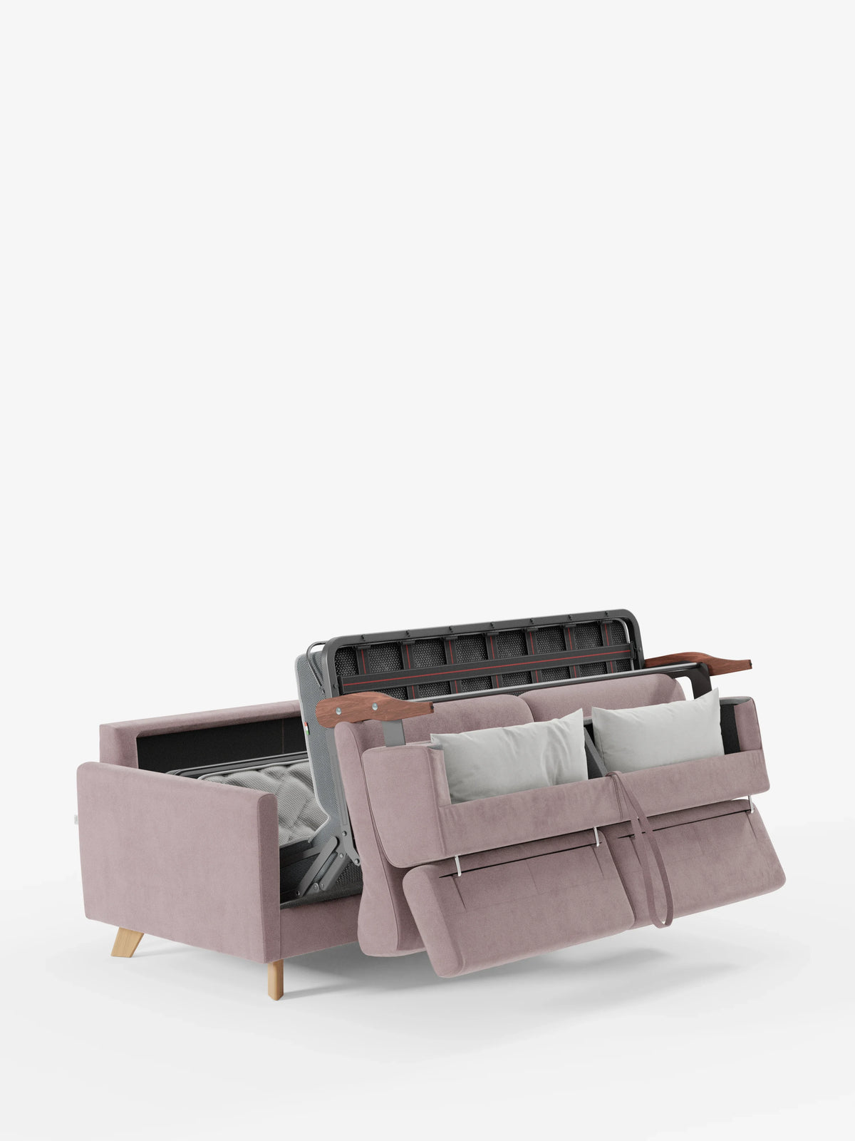 Un divano letto Francy color malva chiaro con poggiatesta regolabili di Divani.Store, rivestito al 100% con tessuto T30 elegante e antimacchia, è raffigurato parzialmente aperto per mostrare la struttura del letto estraibile e il materasso. Due cuscini dello schienale poggiano contro la parte posteriore, mentre due cuscini della seduta sono fissati alla sezione anteriore a metà della trasformazione. Le gambe in legno e uno sfondo bianco completano la scena.