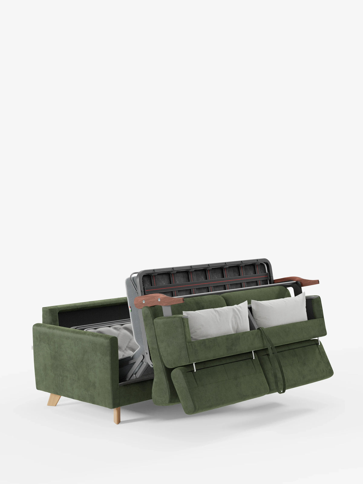 Un divano letto Francy con poggiatesta regolabili di Divani.Store, rivestito in elegante tessuto verde T30 resistente alle macchie, è parzialmente aperto per rivelare il letto estraibile al suo interno. Due cuscini bianchi sono appoggiati allo schienale, mentre nella posizione aperta sono visibili la struttura metallica del letto e il materasso. Il divano presenta gambe in legno ed è posizionato su uno sfondo bianco a tinta unita.