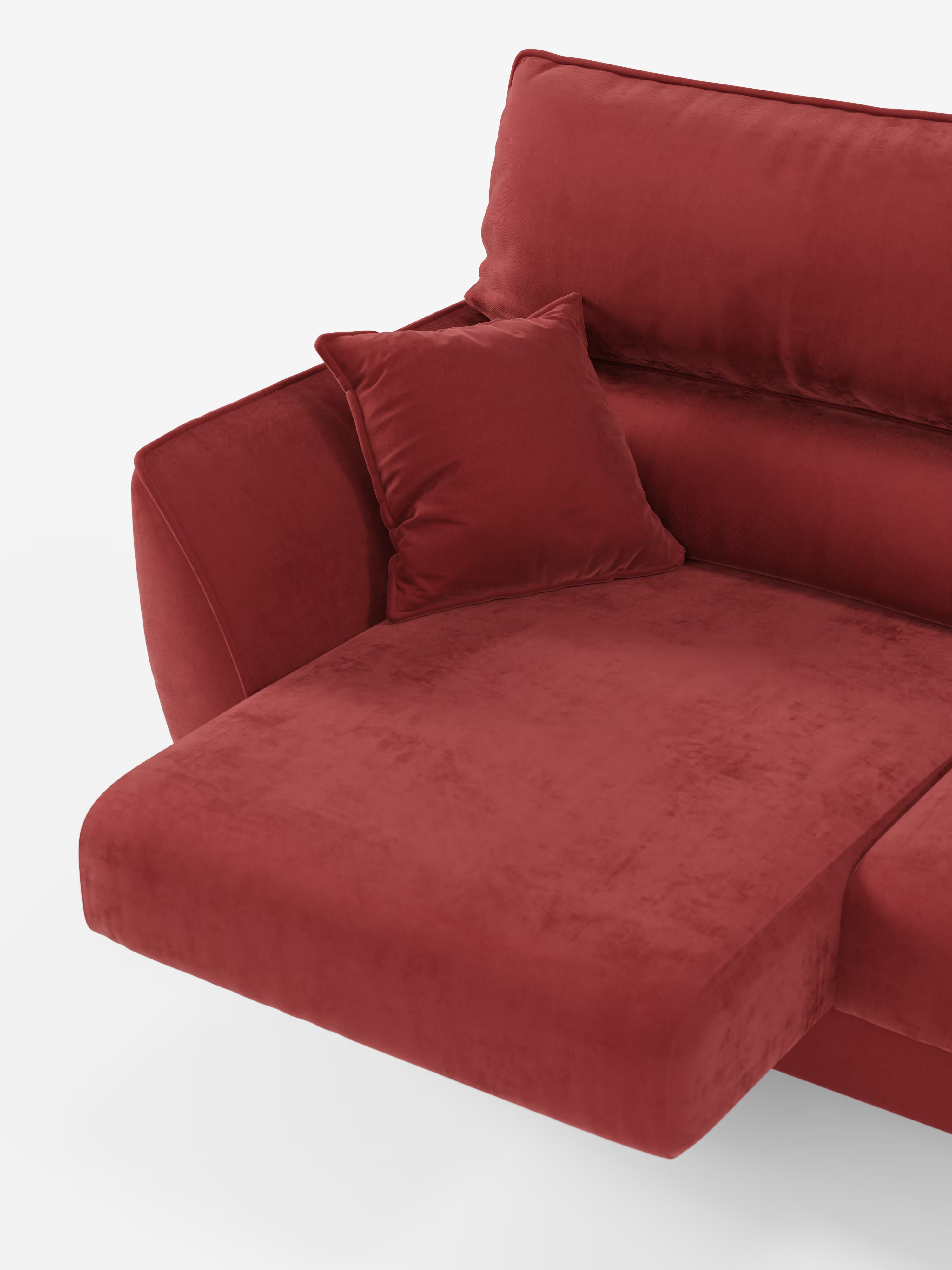 Il divano Michelangelo 4 Posti di Divani.Store è uno splendido divano componibile con tre sedute estensibili e poggiatesta reclinabili, elegantemente rivestito in tessuto T30 rosso, vellutato e resistente alle macchie. È dotato di un ampio bracciolo e viene fornito con un cuscino quadrato abbinato. Su uno sfondo bianco, la morbida trama e il colore intenso del divano risaltano magnificamente, creando un effetto accogliente.