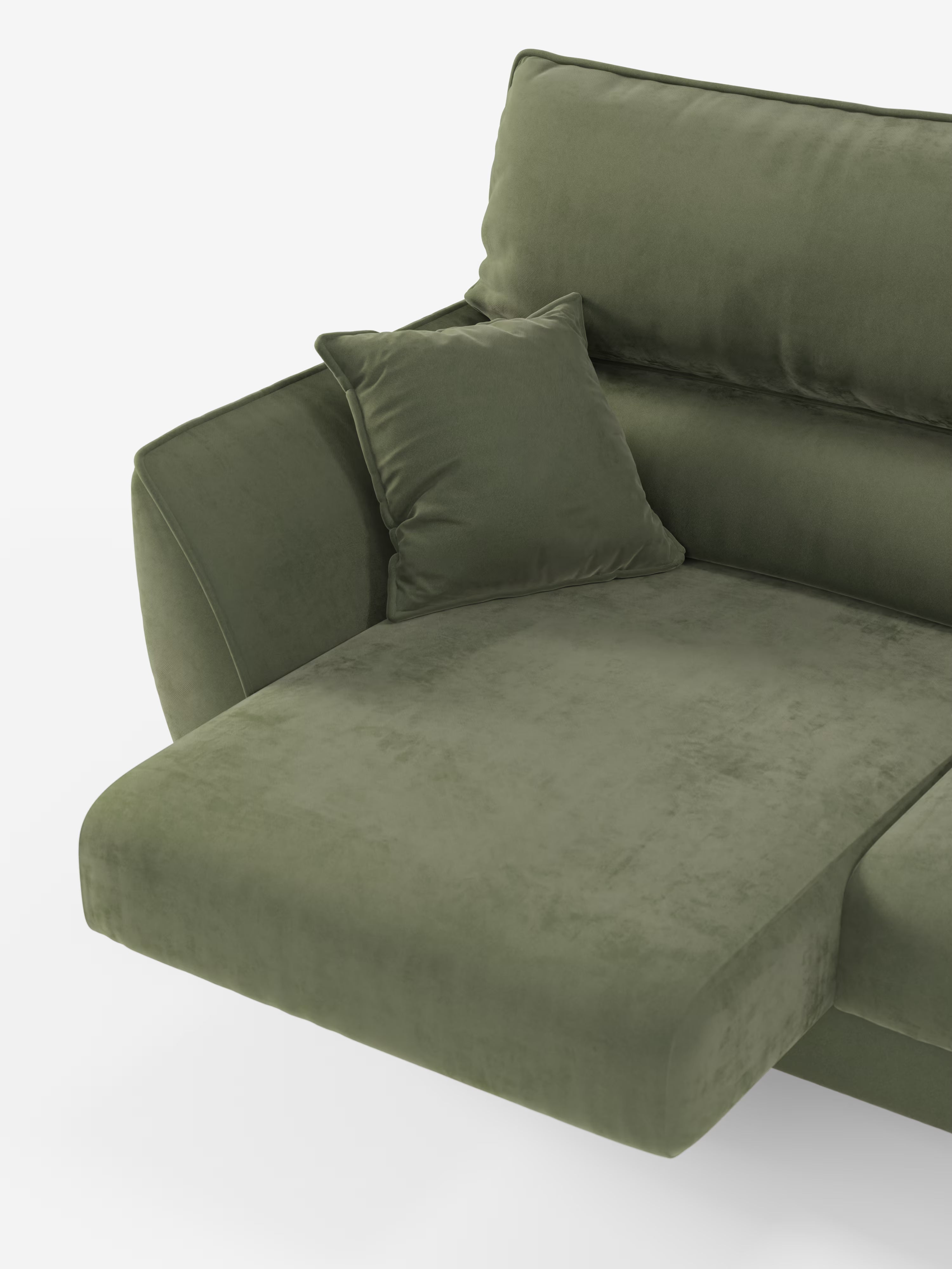 Viene presentato il modello Michelangelo 4 Posti di Divani.Store, un divano componibile in velluto verde con chaise longue. Questo elegante divano con 3 sedute estensibili e poggiatesta reclinabili, rivestito in tessuto vellutino smacchiabile T30, include un cuscino quadrato appoggiato contro il bracciolo e lo schienale. Il divano si caratterizza per le linee pulite e la trama morbida e vellutata, mentre lo sfondo bianco ne esalta il rivestimento soffice e il design contemporaneo.