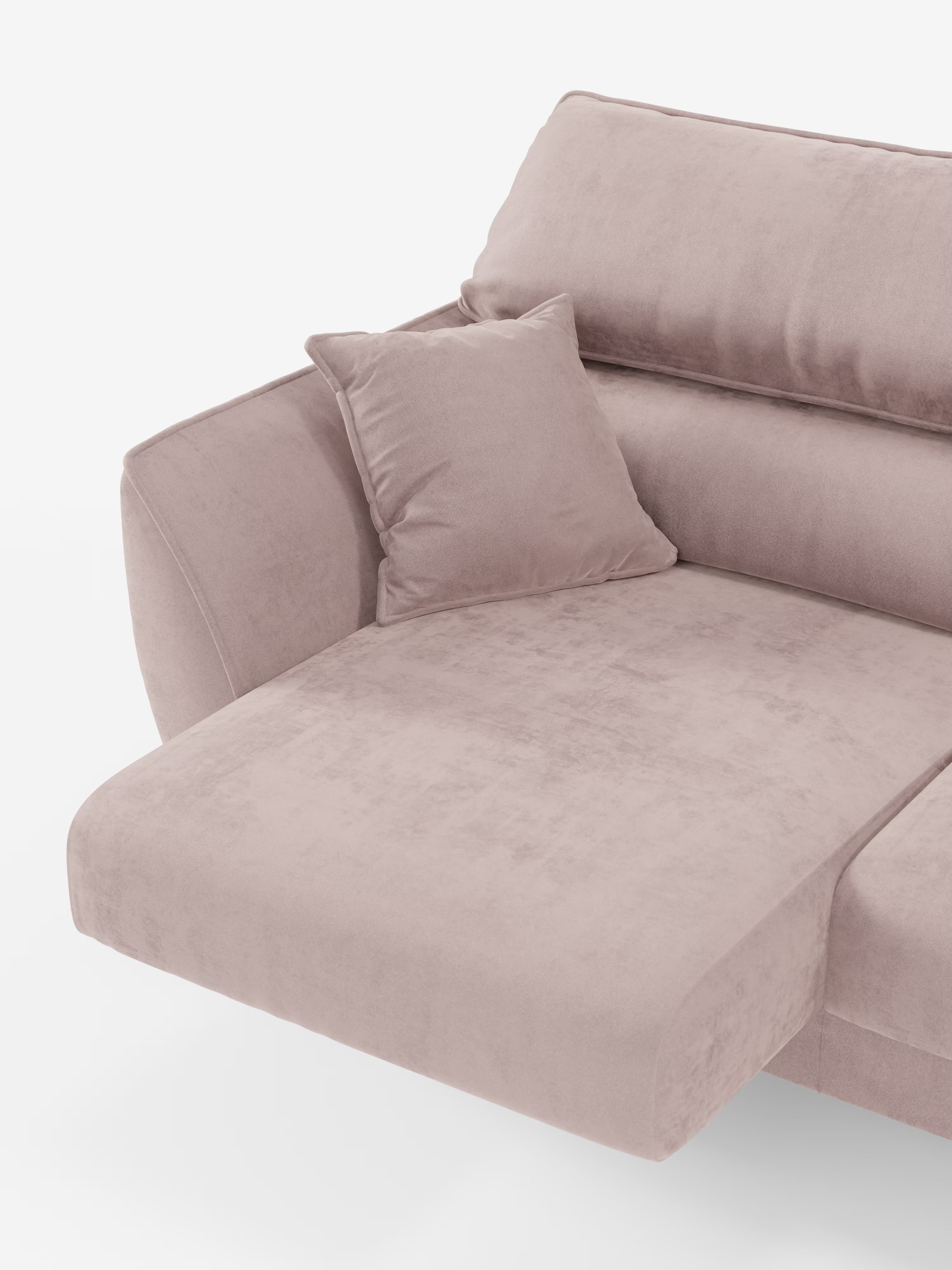 Vi presentiamo il divano Michelangelo a 2 e 3 posti di Divani.Store, un elegante divano moderno rivestito in morbido tessuto T30 di colore rosa cipria, facile da pulire. Questo modello contemporaneo è caratterizzato da un'imbottitura soffice, ampi braccioli e uno schienale avvolgente, impreziosito da cuscini quadrati in tinta. Il divano, parzialmente visibile, mette in risalto le sue generose sedute allungate e i poggiatesta regolabili su uno sfondo bianco brillante.