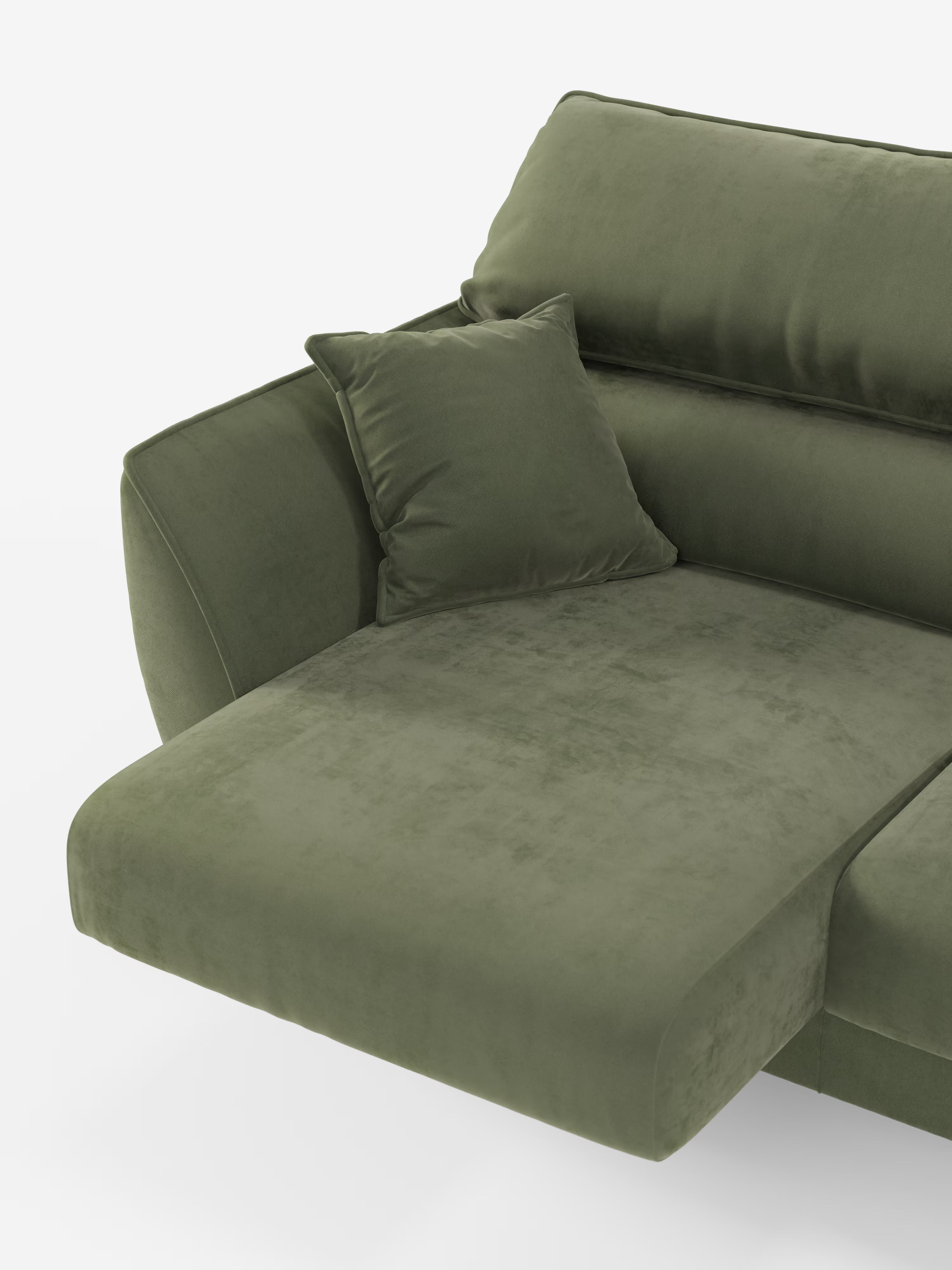 Un divano Michelangelo verde a 2 e 3 posti con sedute allungabili e poggiatesta reclinabili in tessuto smacchiabile T30 di Divani.Store, caratterizzato da una chaise longue estesa sul lato sinistro e da un cuscino quadrato abbinato, su uno sfondo bianco a tinta unita.