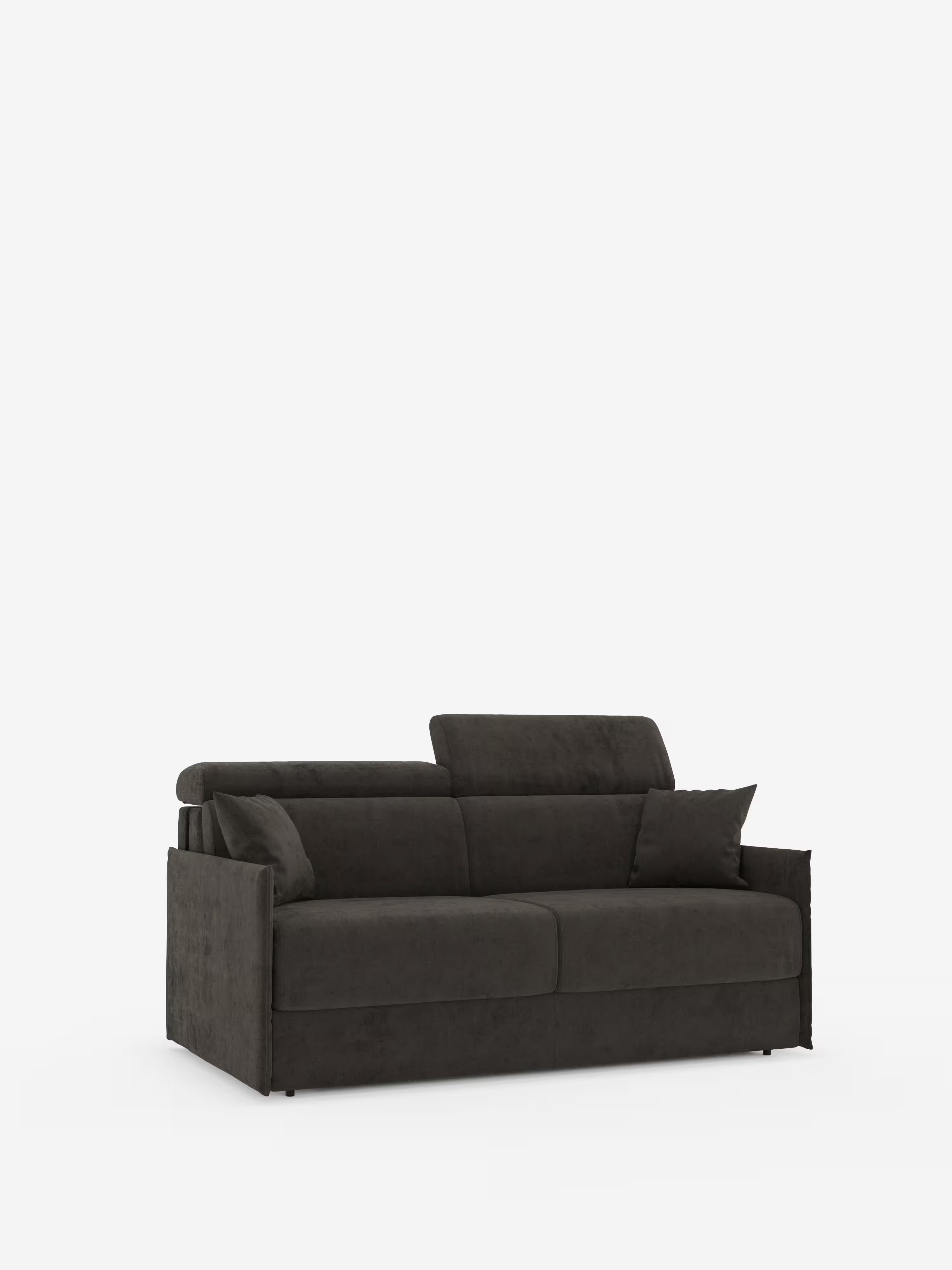 Certo! Ecco una versione riscritta della frase utilizzando i dati del tuo prodotto: Il divano letto Miryam con poggiatesta reclinabili e comfort maxi di Divani.Store, in un elegante grigio scuro, presenta linee dritte, due cuscini di seduta e pratici poggiatesta regolabili. Sul lato destro è presente un cuscino coordinato. Su uno sfondo bianco, questo design compatto in morbido tessuto smacchiabile T31 si distingue per il suo stile minimal contemporaneo.