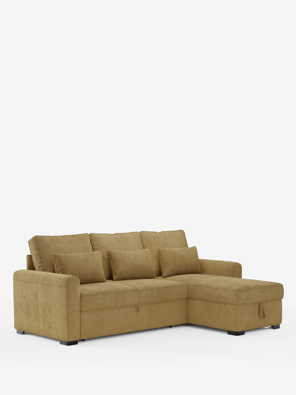 Il divano letto Ottaviano con letto estraibile, penisola reversibile e contenitore in tessuto materico smacchiabile è un divano componibile color cuoio con chaise longue a destra, tre cuscini dello schienale, tre cuscini quadrati e rivestimento in tessuto materico.