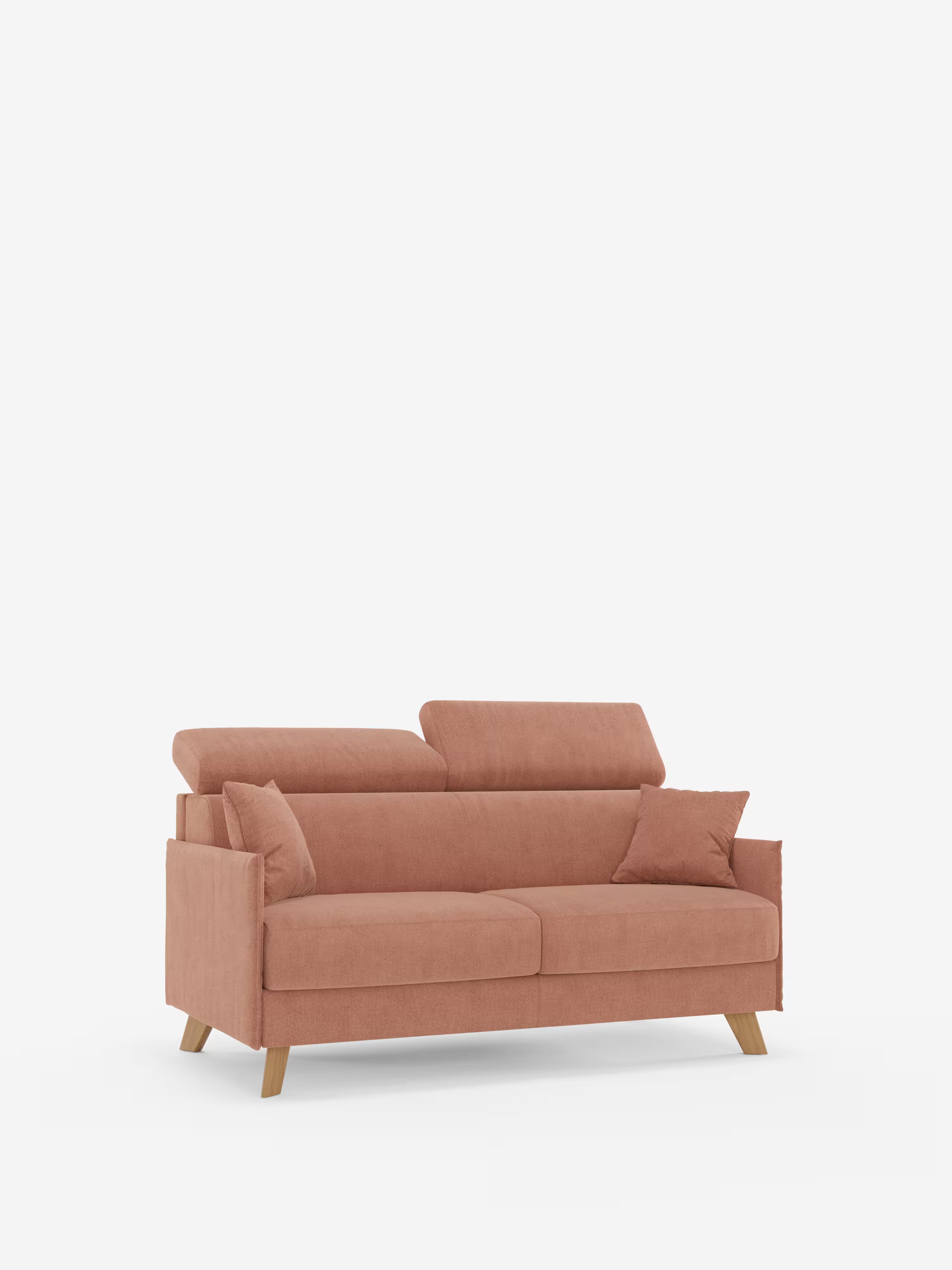 Il divano letto matrimoniale "Sole" di Divani.Store, compatto e moderno, è a due posti, rivestito in tessuto sfoderabile T23 di facile pulizia in una delicata tonalità rosa, e presenta gambe in legno, due poggiatesta regolabili e cuscini laterali coordinati. Il suo design minimalista e contemporaneo risalta su uno sfondo bianco a tinta unita, offrendo al tuo soggiorno un tocco di stile e un comfort funzionale.