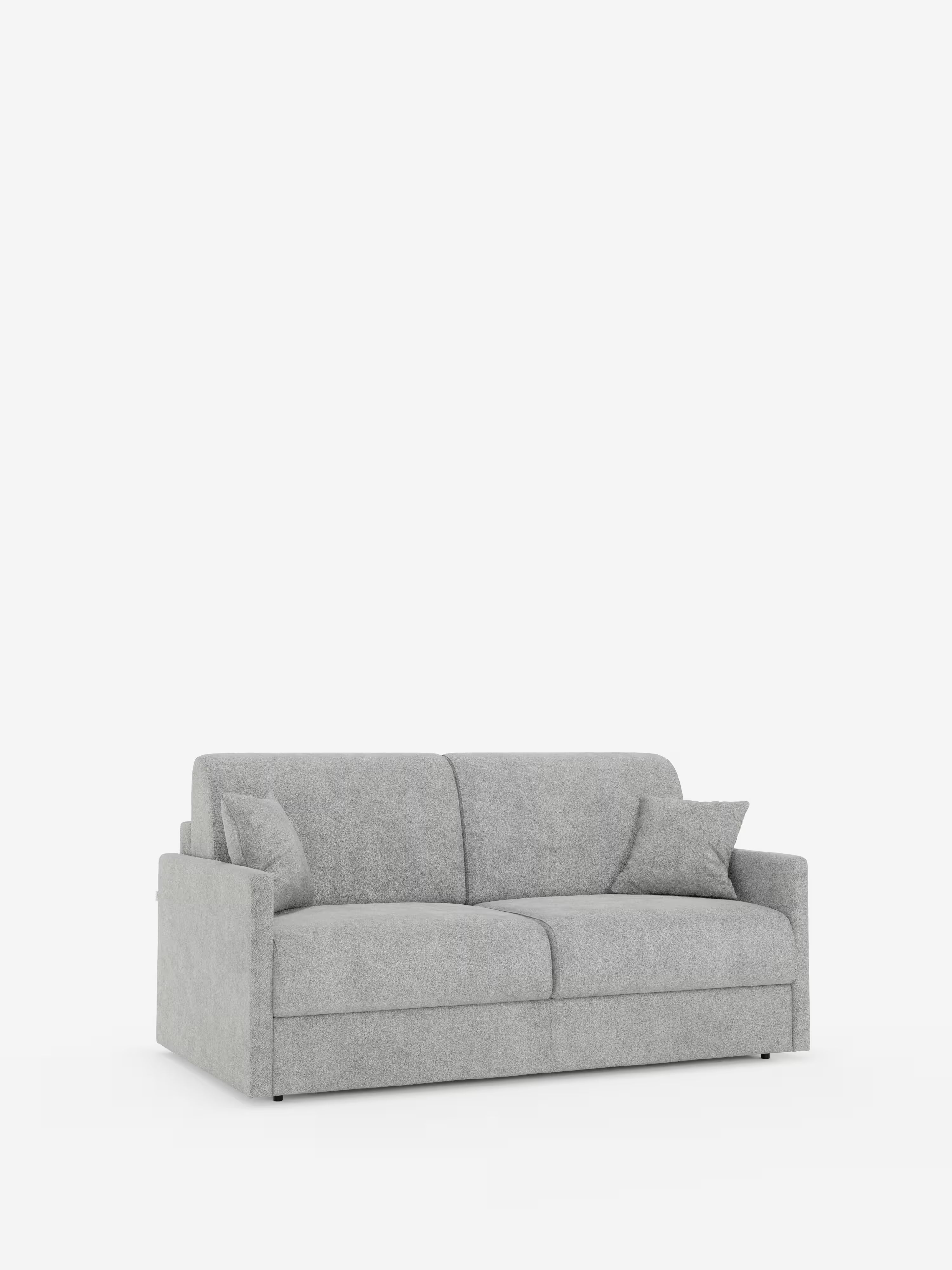 Vi presentiamo il divano letto Tommy Divano a 2 e 3 posti matrimoniale di Divani.Store: un divano dal design contemporaneo rivestito in tessuto T33 color grigio chiaro, simile al cotone e resistente alle macchie. Caratterizzato da linee pulite, braccioli sottili, due cuscini di seduta, due cuscini dello schienale abbinati e due piccoli cuscini quadrati, questo divano con rivestimento sfoderabile al 100% sfoggia una silhouette elegante su uno sfondo bianco a tinta unita.