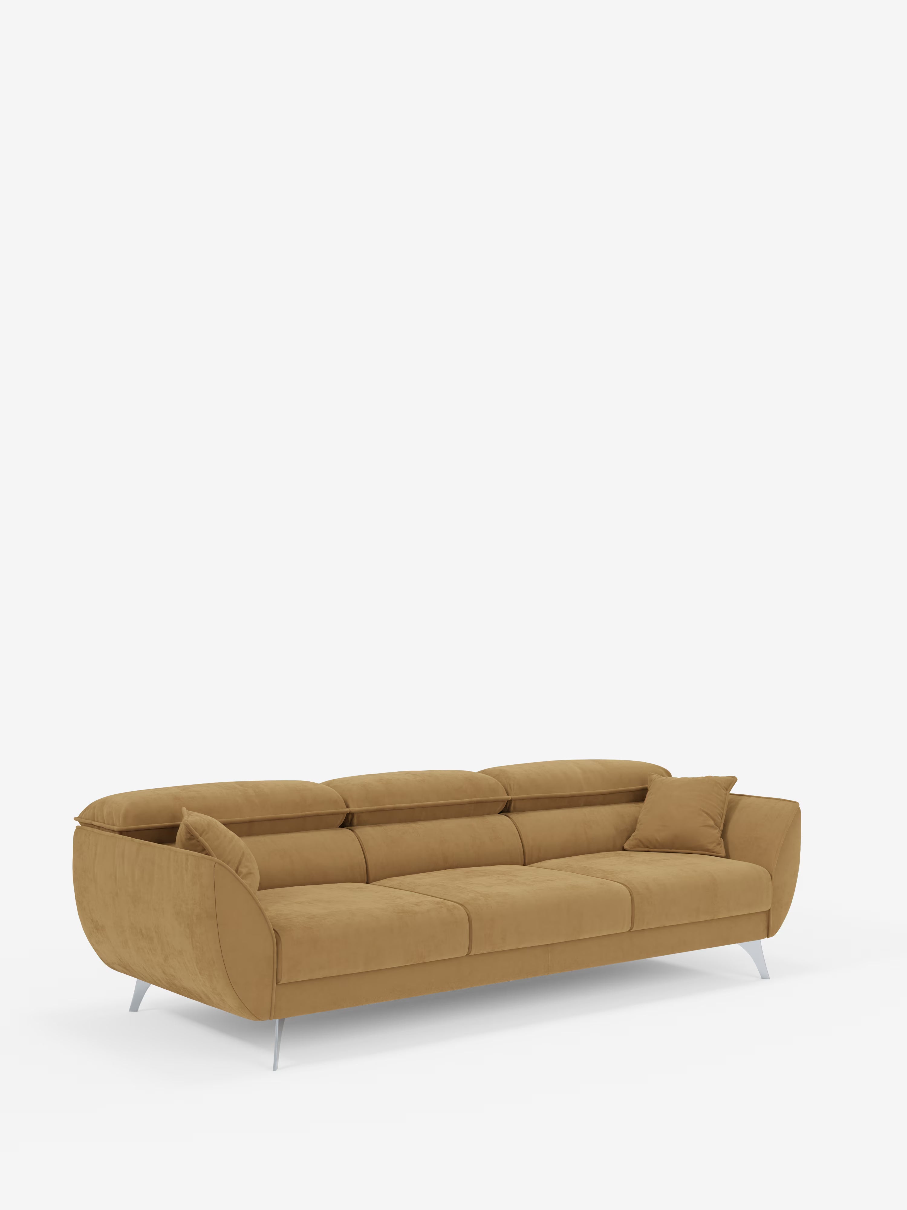 Il divano Michelangelo 4 Posti di Divani.Store, rivestito in elegante velluto T30 antimacchia color giallo senape, presenta tre sedute estraibili, poggiatesta reclinabili, braccioli curvi, gambe sottili in metallo ed è corredato da un cuscino coordinato. È raffigurato su uno sfondo bianco a tinta unita.