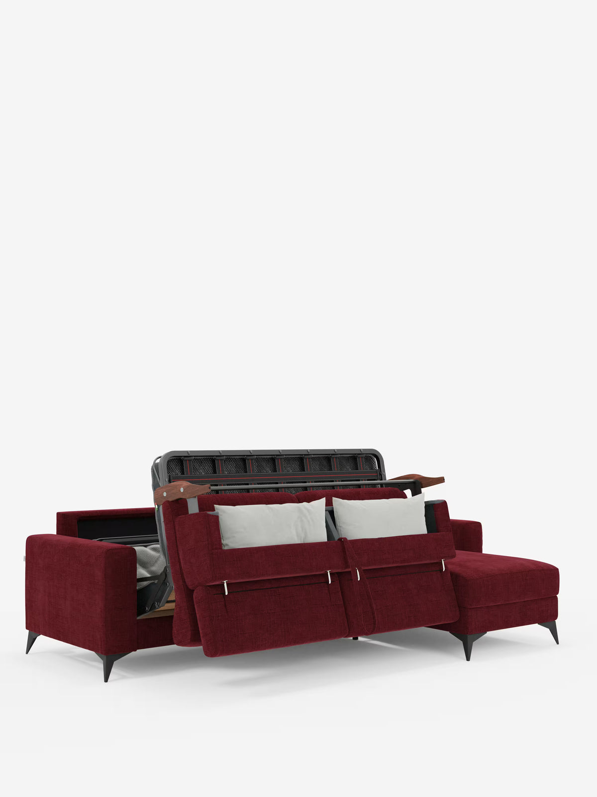 Un divano letto angolare Pegaso in stile contemporaneo di Divani.Store, rivestito in tessuto jacquard T22 rosso intenso resistente alle macchie, con eleganti gambe nere. Il divano è dotato di un pratico contenitore a penisola sotto lo schienale ribaltabile e include due cuscini decorativi grigio chiaro posizionati sulla seduta. I poggiatesta regolabili aggiungono ulteriore comfort, il tutto su uno sfondo bianco a tinta unita.