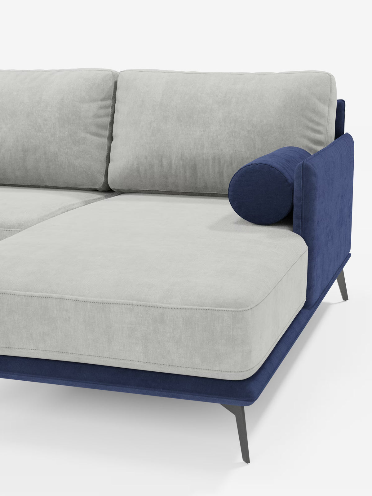 Vi presentiamo il divano bicolore angolare Basalto con penisola e base in metallo - schienali in piuma e tessuto smacchiabile T31 di Divani.Store: questo moderno divano componibile presenta cuscini grigio chiaro dal tocco morbido, con schienali imbottiti in piuma e tessuto T31 facile da pulire. La base blu intenso, i braccioli e il cuscino cilindrico creano un raffinato effetto bicolore sull’elegante penisola. Le slanciate gambe in metallo completano il suo design minimalista, qui raffigurato su uno sfondo