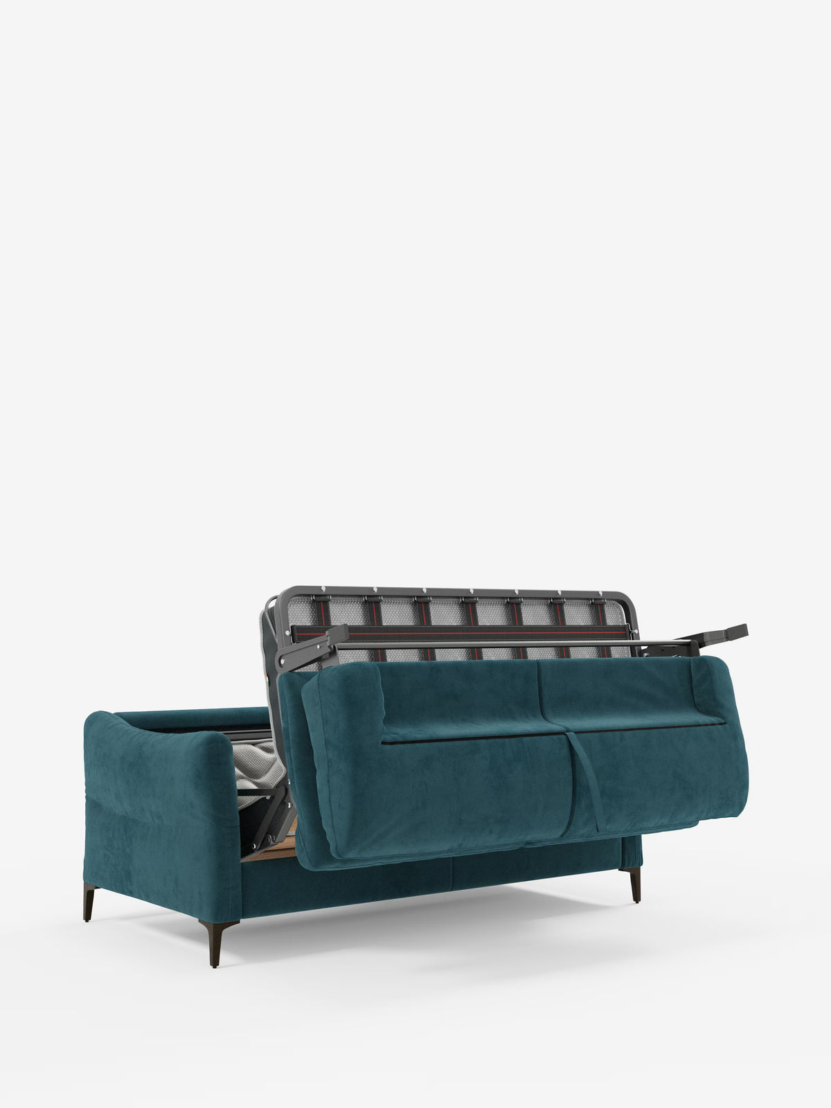 Il divano letto “Dalia” di Divani.Store, rivestito in un moderno color verde acqua, è raffigurato di retro, con le sue eleganti gambe in stile mid-century. Lo schienale è sollevato per rivelare un vano portaoggetti nascosto e una struttura metallica parzialmente visibile, progettata per accogliere il materasso incluso dello spessore di 18 cm (materasso H18). Rivestito in tessuto vellutino T30 antimacchia, questo divano letto a 2, 3 o 4 posti unisce uno stile contemporaneo a una funzionalità pratica. Sfondo