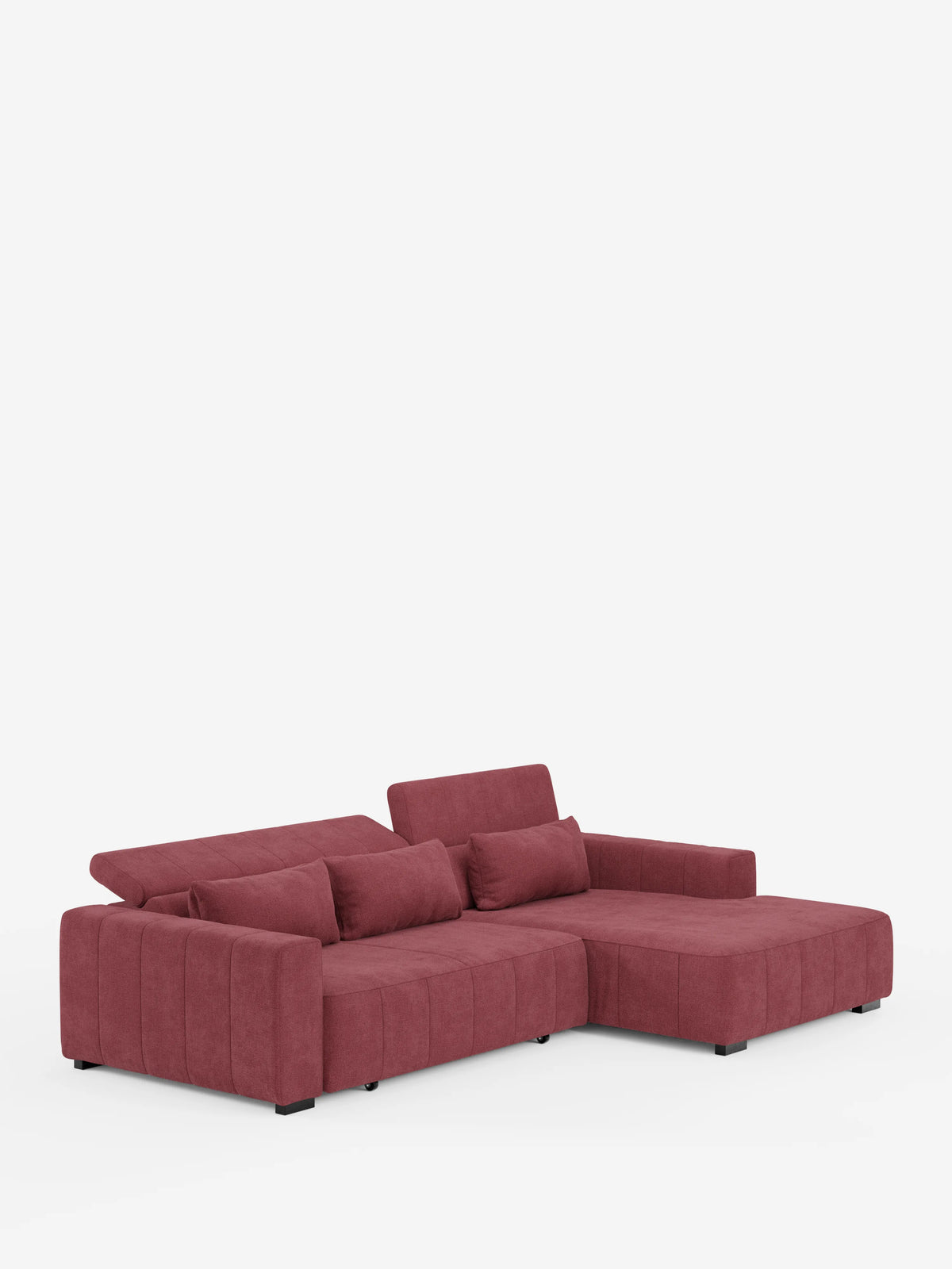 Scopri il comfort contemporaneo con il divano angolare Doric con penisola e sedute allungabili con relax elettrico di Divani.Store. Rivestito in tessuto T23 rosso tenue e facile da pulire, questo divano componibile presenta un design a L con chaise longue sulla destra, sedute trapuntate, poggiatesta reclinabili regolabili e cuscini cilindrici coordinati, il tutto su uno sfondo bianco a tinta unita.