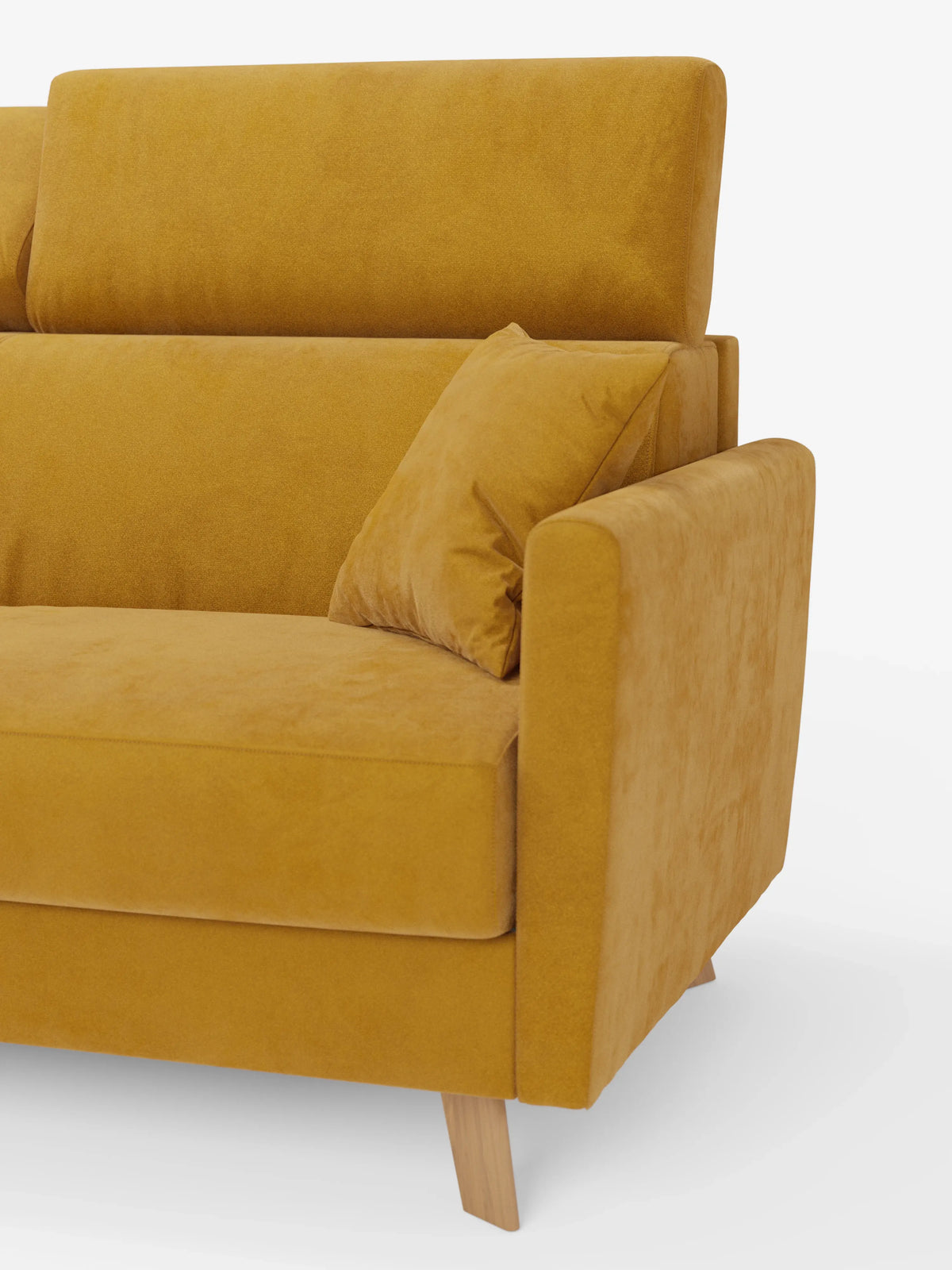 Un divano letto Francy di colore giallo senape con poggiatesta regolabili di Divani.Store, rivestito in elegante tessuto T30 resistente alle macchie e completamente sfoderabile, si distingue per il suo design moderno caratterizzato da un unico cuscino di seduta, un cuscino coordinato e gambe angolate in legno. Su uno sfondo bianco a tinta unita sono visibili solo il lato destro e il bracciolo.