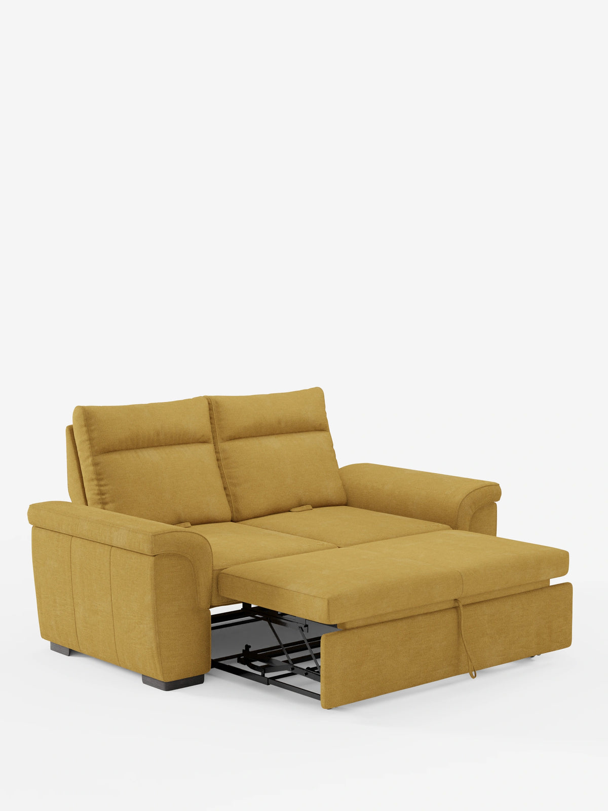 Il divano Ischia a 3 posti con pouf estraibile e schienali regolabili in tessuto misto lino antimacchia è un divano in tessuto giallo senape con schienali regolabili e pouf estraibile, su una struttura scura che risalta su uno sfondo bianco.