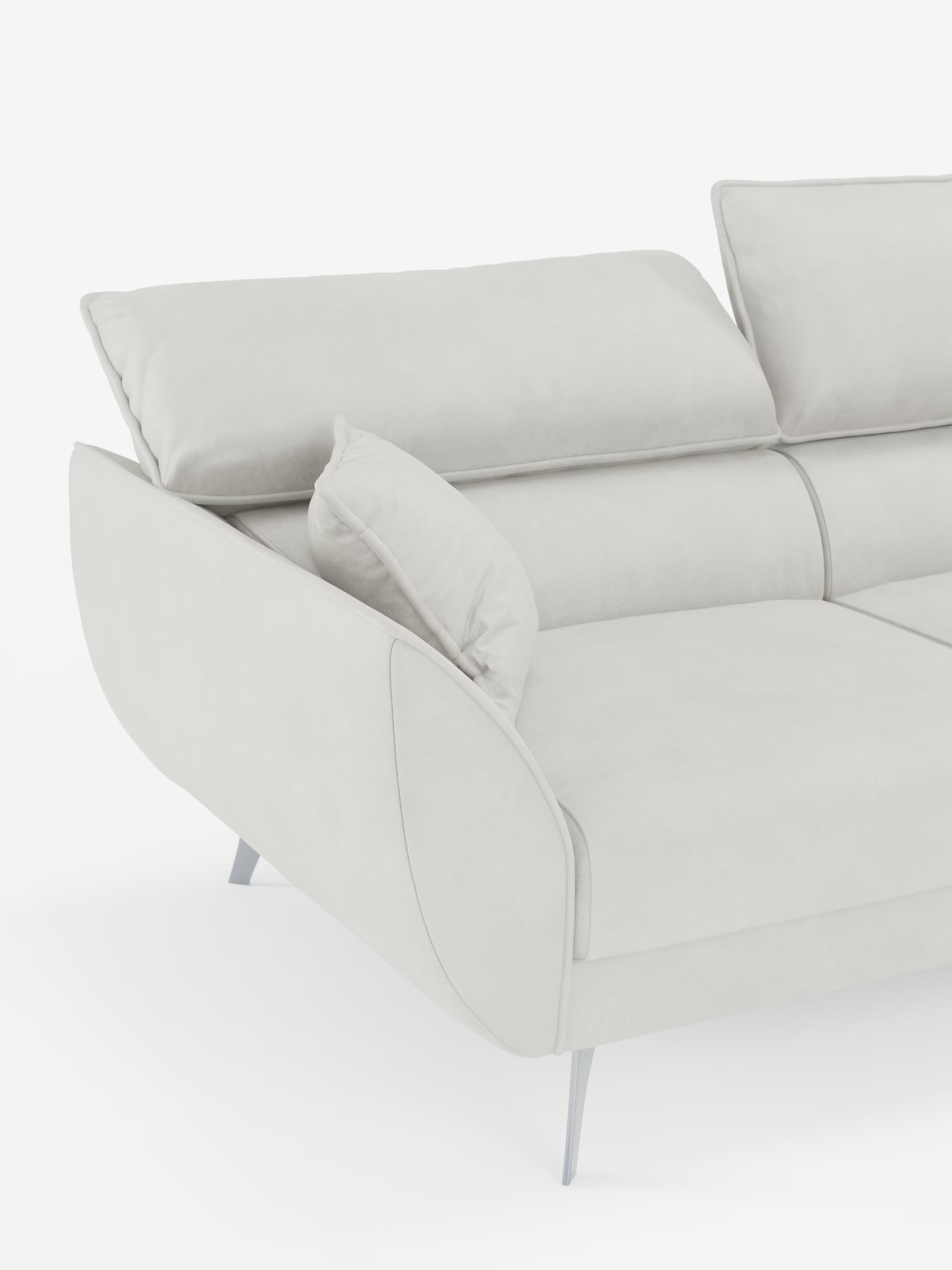 Vi presentiamo il Michelangelo 4 Posti di Divani.Store: un divano elegante e moderno color grigio chiaro, dotato di tre sedute estensibili e poggiatesta regolabili, realizzato in tessuto T30 al tatto vellutato e facile da pulire. Fotografato di profilo su uno sfondo bianco, questo divano moderno presenta gambe in metallo angolate, morbidi cuscini di seduta e schienale e un cuscino decorativo abbinato per un maggiore comfort e versatilità.