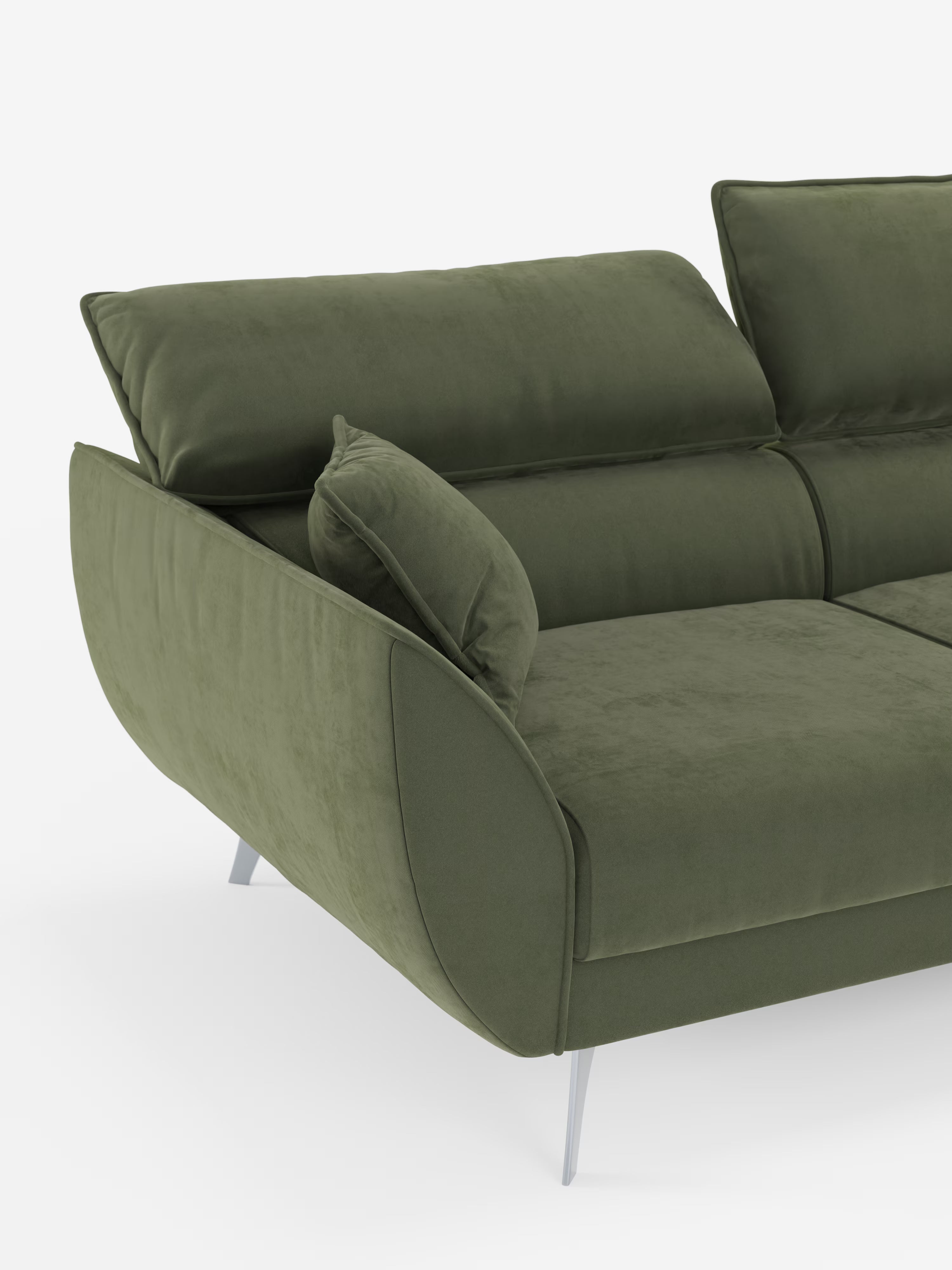 Vi presentiamo il divano angolare con penisola e sedute estensibili Michelangelo di Divani.Store: un divano componibile contemporaneo realizzato in raffinato tessuto T30 effetto velluto, resistente alle macchie. Caratterizzato da braccioli curvi, gambe angolari in metallo, morbidi cuscini dello schienale e della seduta con poggiatesta regolabili e un cuscino coordinato posizionato accanto al bracciolo. Presentato su uno sfondo bianco a tinta unita.