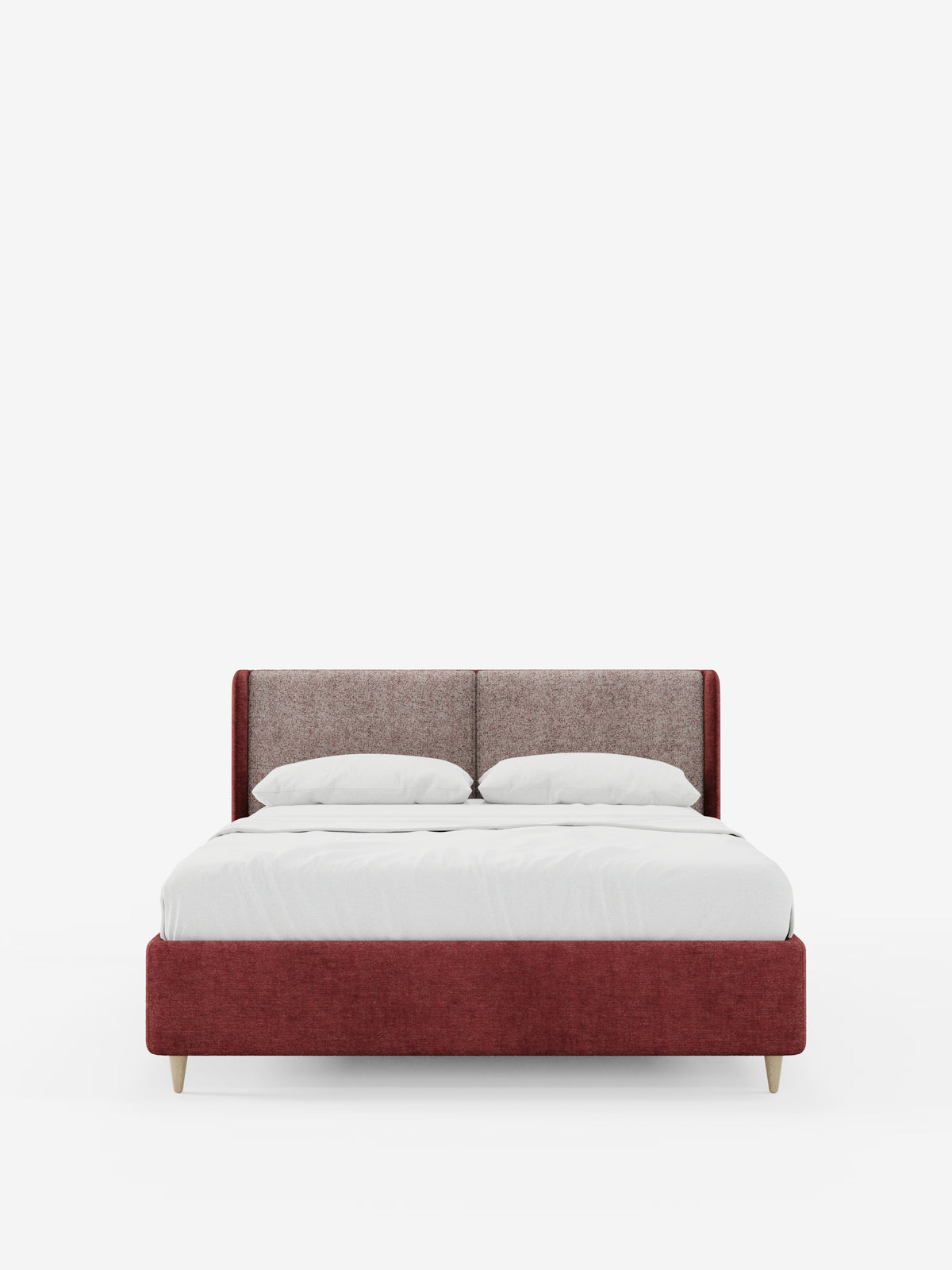 Il letto imbottito bicolore VALKIRIA di Letti.store, dal design contemporaneo e dotato di vano contenitore, presenta una struttura imbottita di un rosso accattivante e una testiera curva e avvolgente. La testiera imbottita include due cuscini di schienale imbottiti di colore grigio chiaro per un maggiore comfort e sostegno. Appoggiato su quattro gambe in legno, il letto è rivestito da una fresca biancheria da letto bianca con due cuscini bianchi, il tutto presentato su uno sfondo bianco a tinta unita.